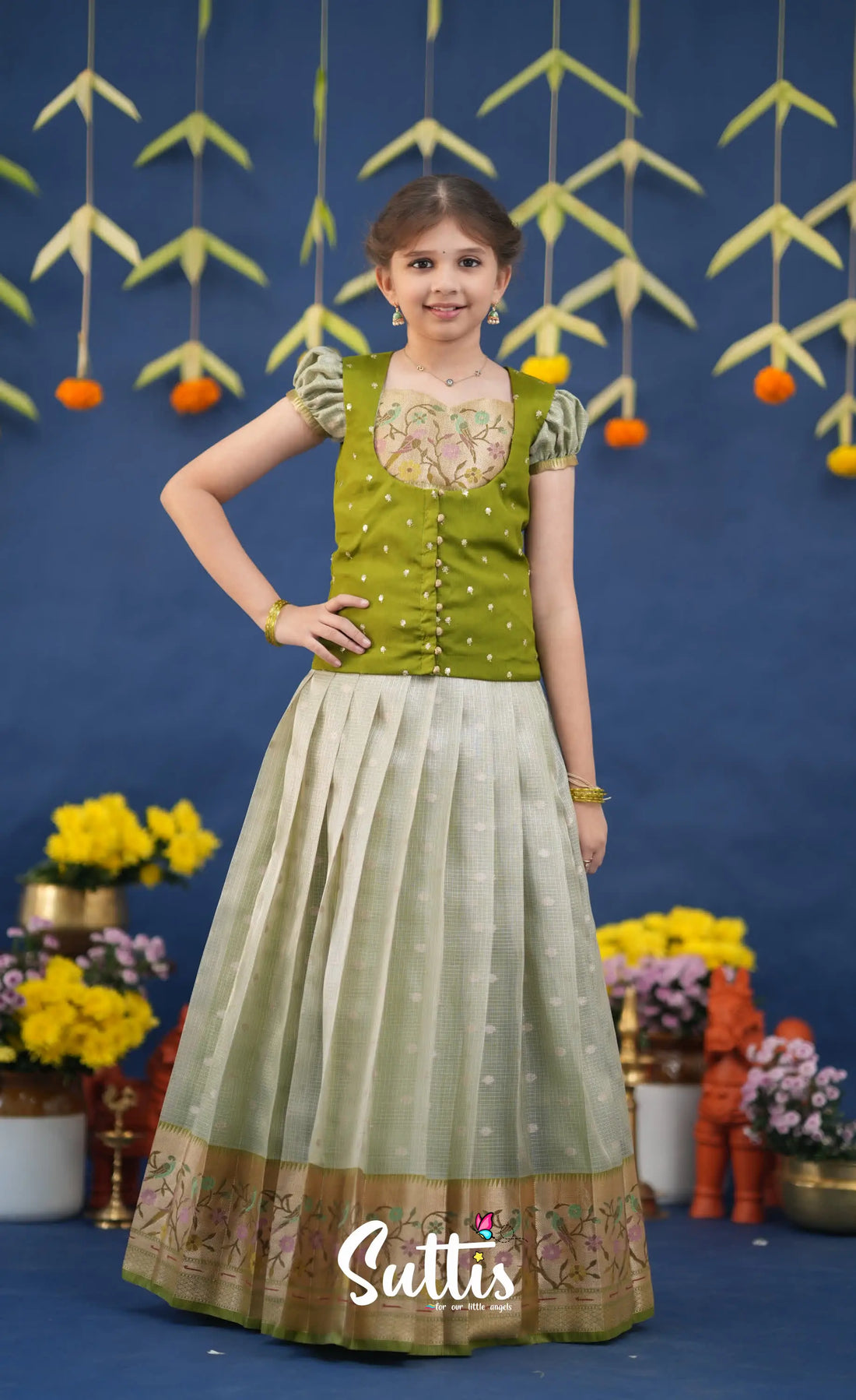 Sayuri Pastel Green and Dark Pista Green Paithani Kota Pavadai Sattai Kids-Suttis