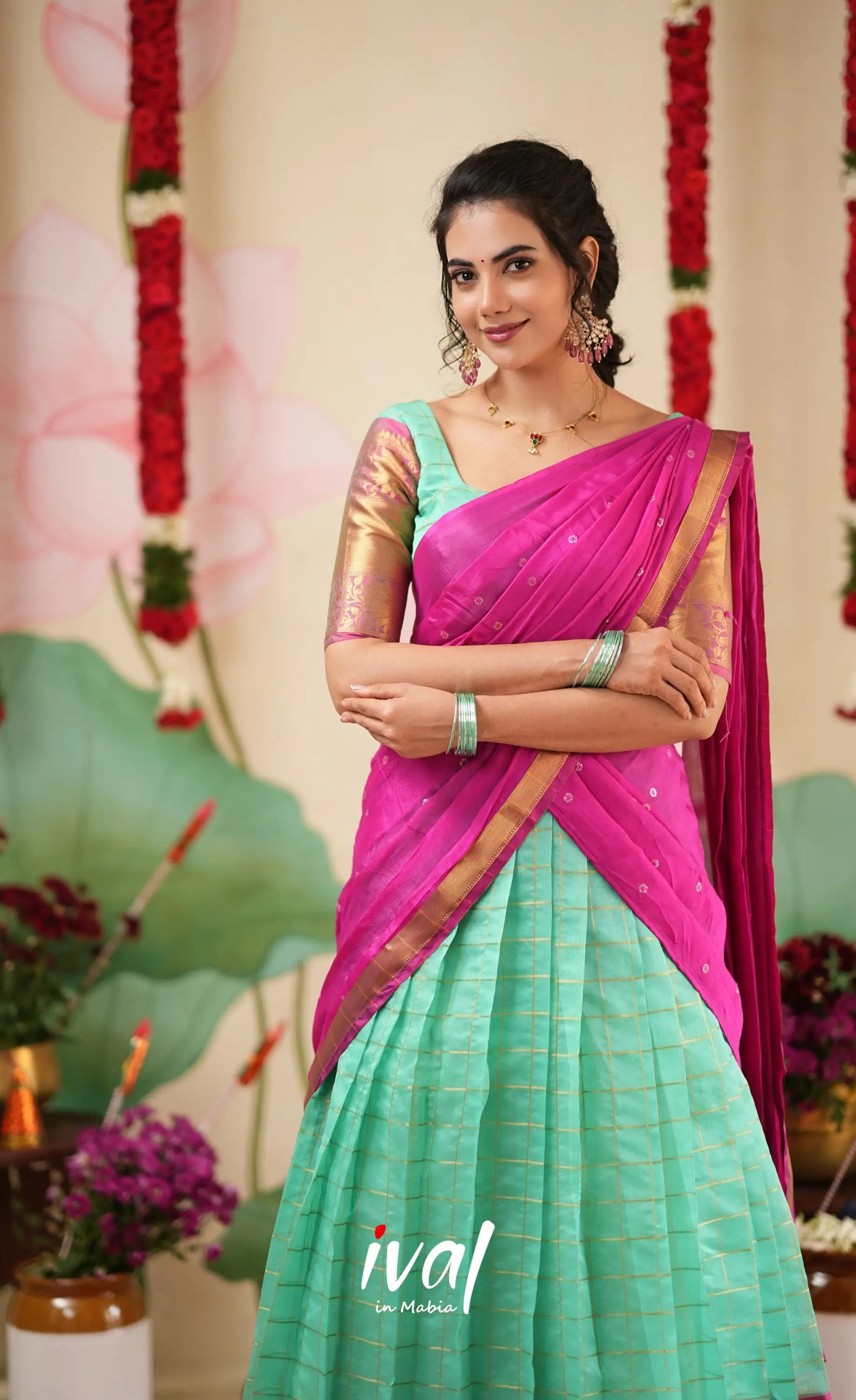 Sayuri Silk Cotton Halfsaree - Light Teal Green and magenta Pink Half Sarees
