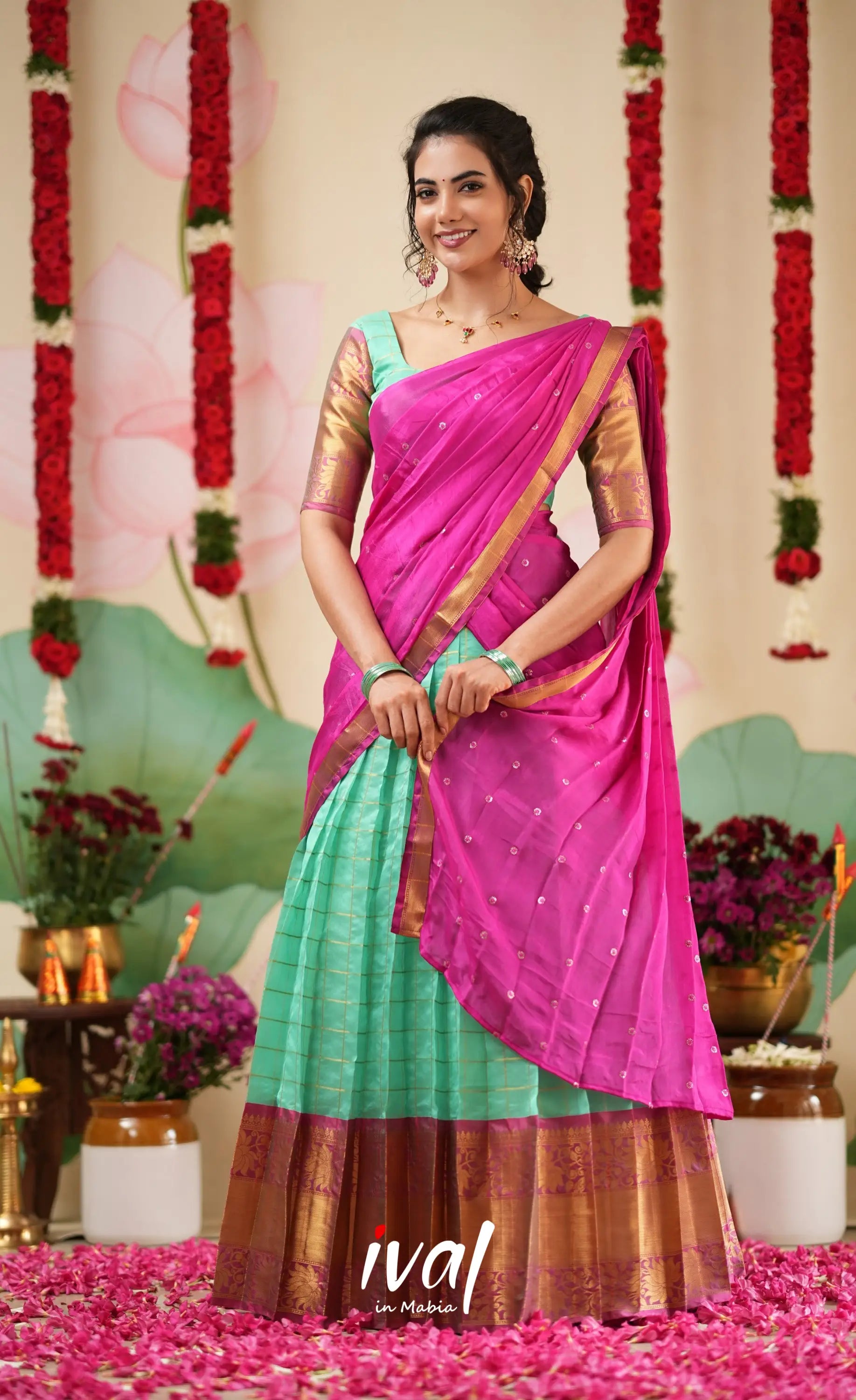 Sayuri Silk Cotton Halfsaree - Light Teal Green and magenta Pink Half Sarees