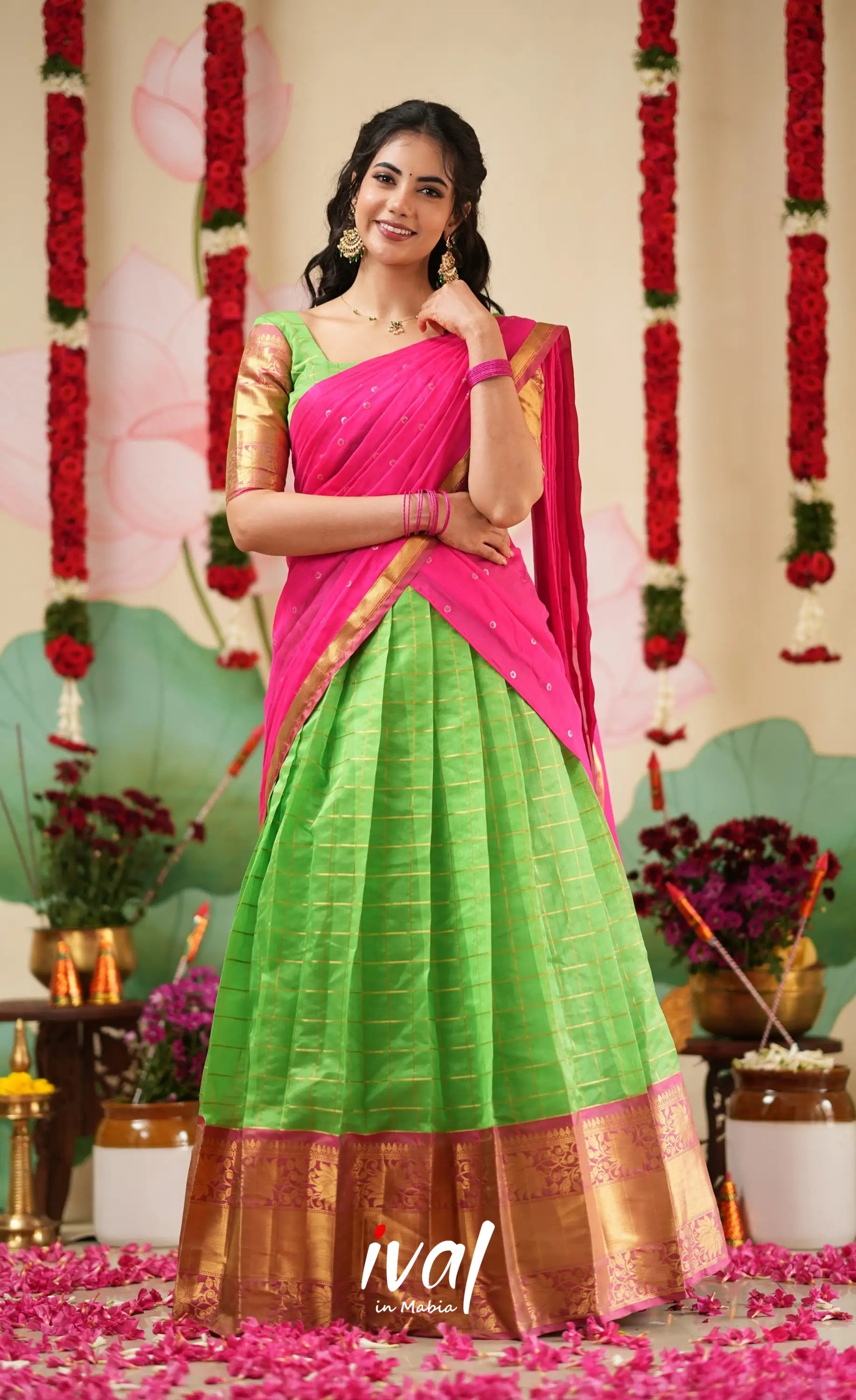 Sayuri Silk Cotton Halfsaree - Parrot Green and Bright Pink Half Sarees