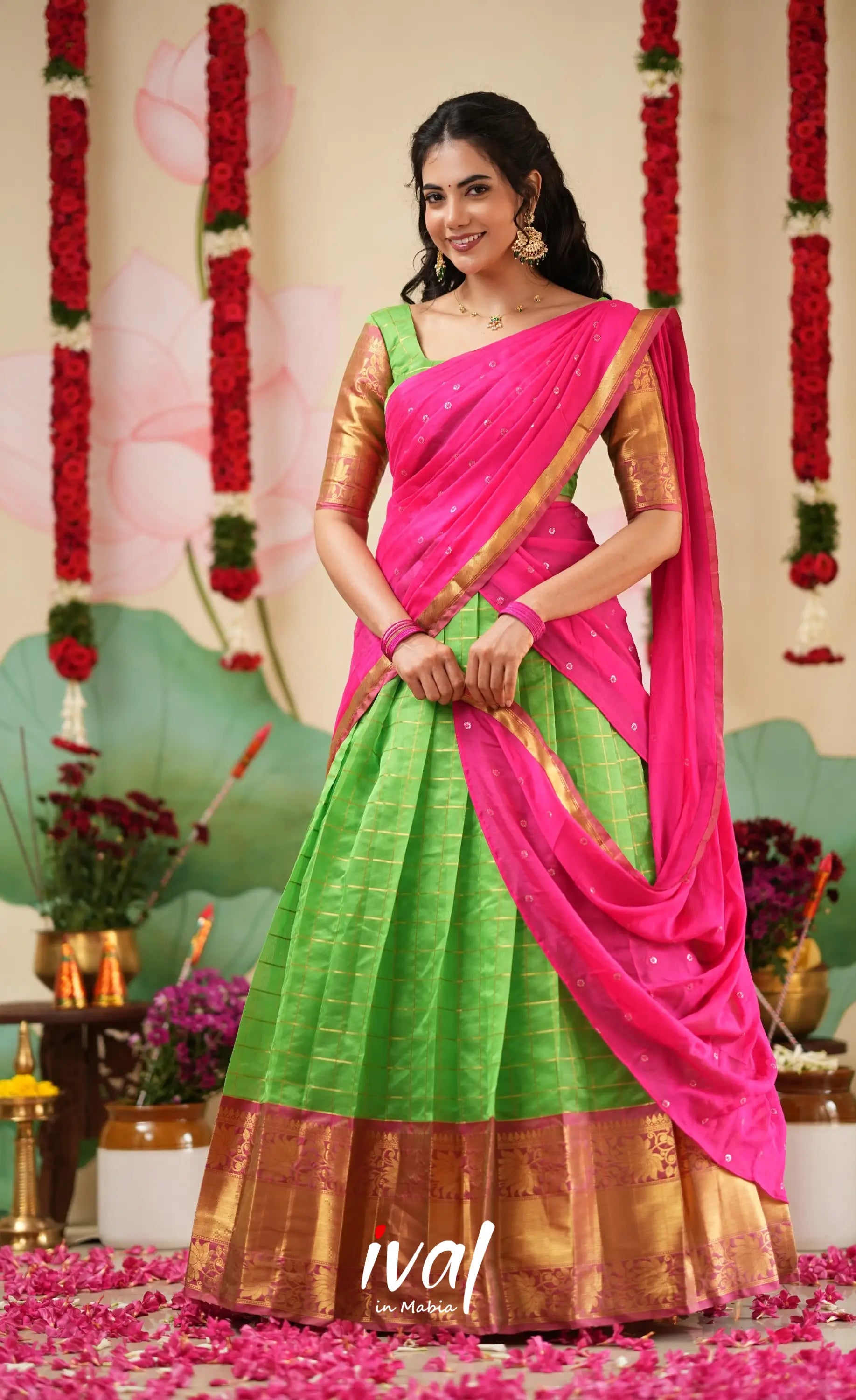 Sayuri Silk Cotton Halfsaree - Parrot Green and Bright Pink Half Sarees