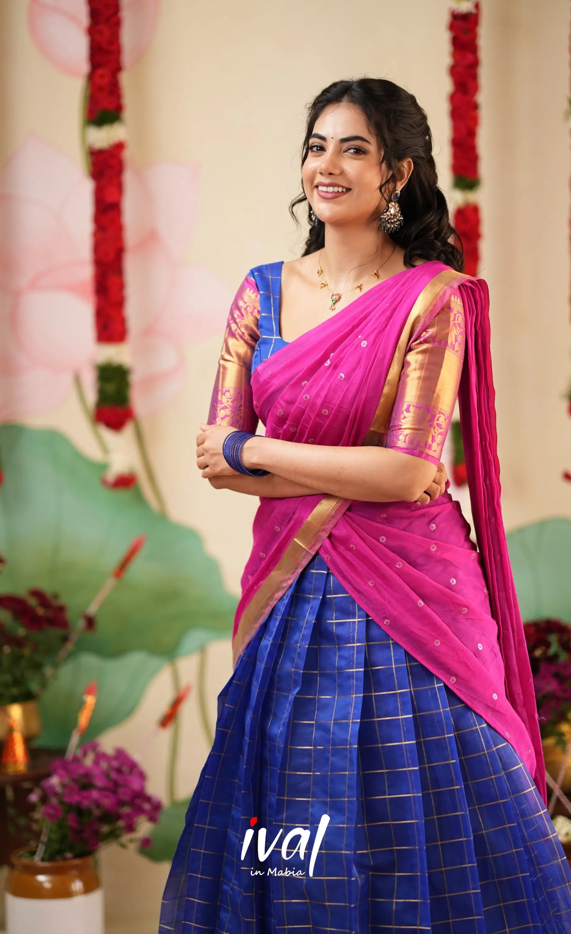 Sayuri Silk Cotton Halfsaree - Royal Blue and Bright Magenta Pink Half Sarees