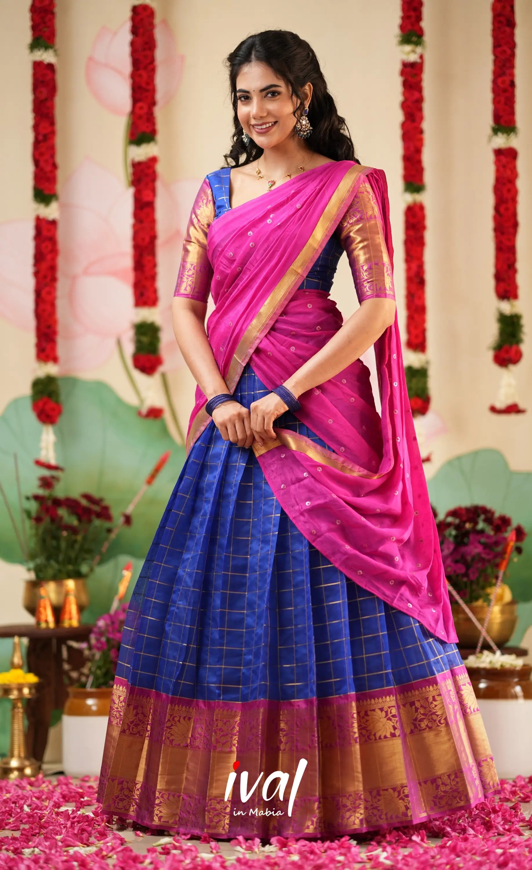 Sayuri Silk Cotton Halfsaree - Royal Blue and Bright Magenta Pink Half Sarees