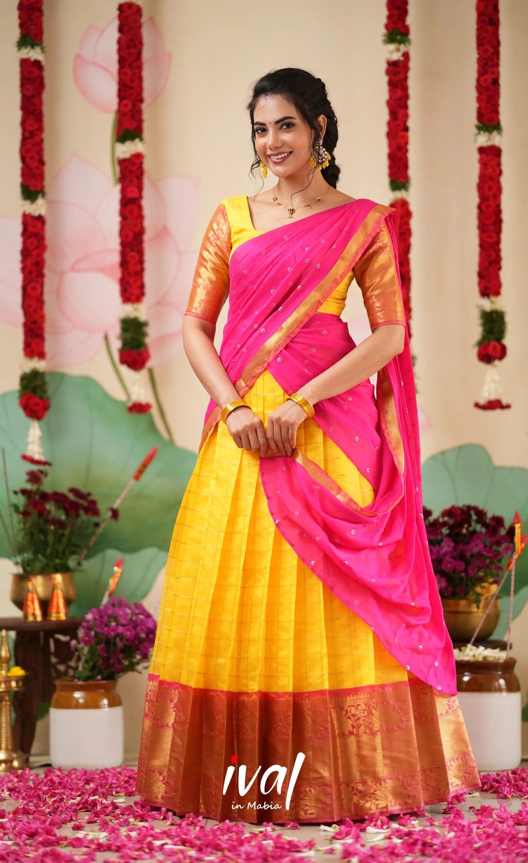 Sayuri Silk Cotton Halfsaree - Yellow and Bright Pink Half Sarees