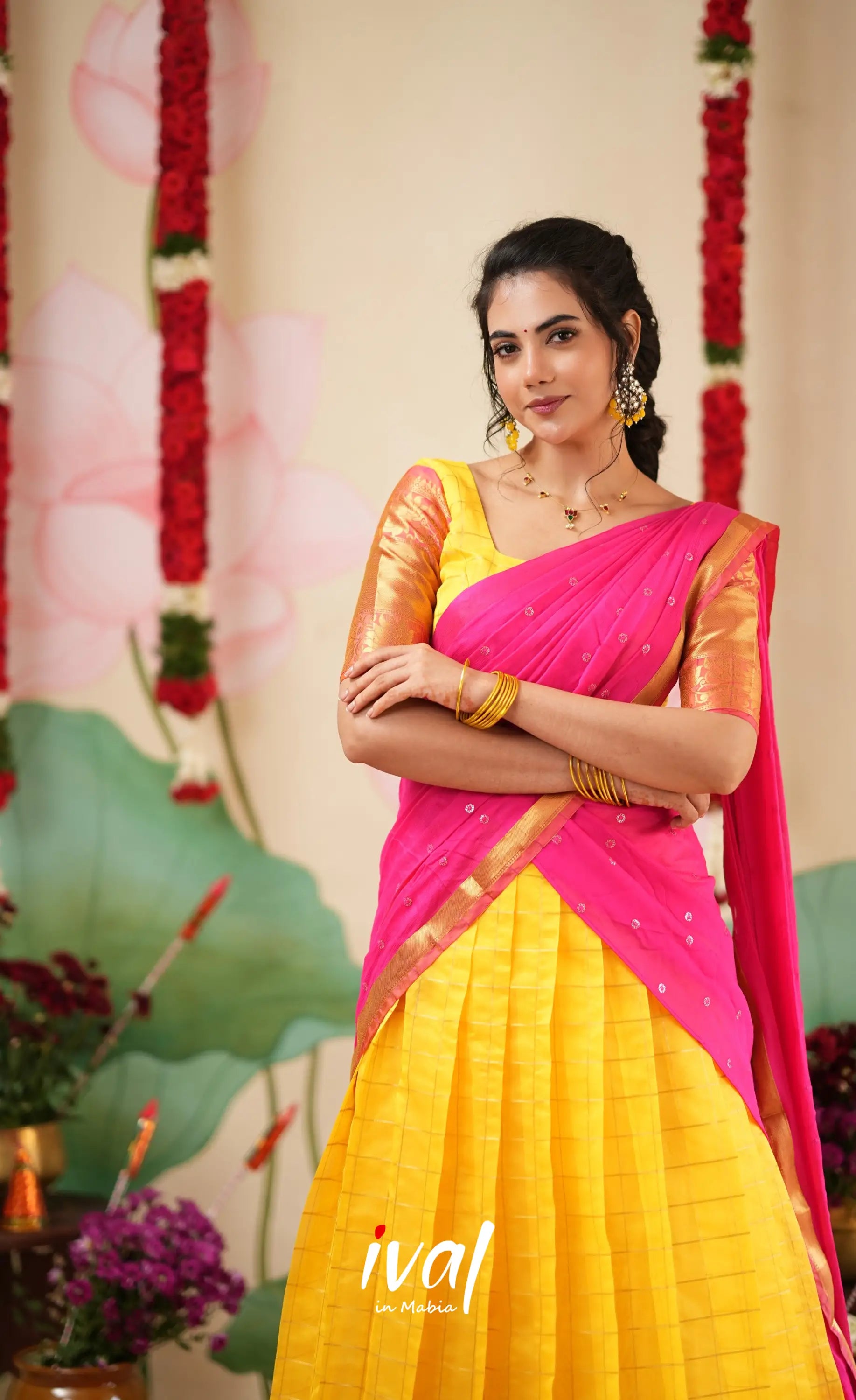 Sayuri Silk Cotton Halfsaree - Yellow and Bright Pink Half Sarees