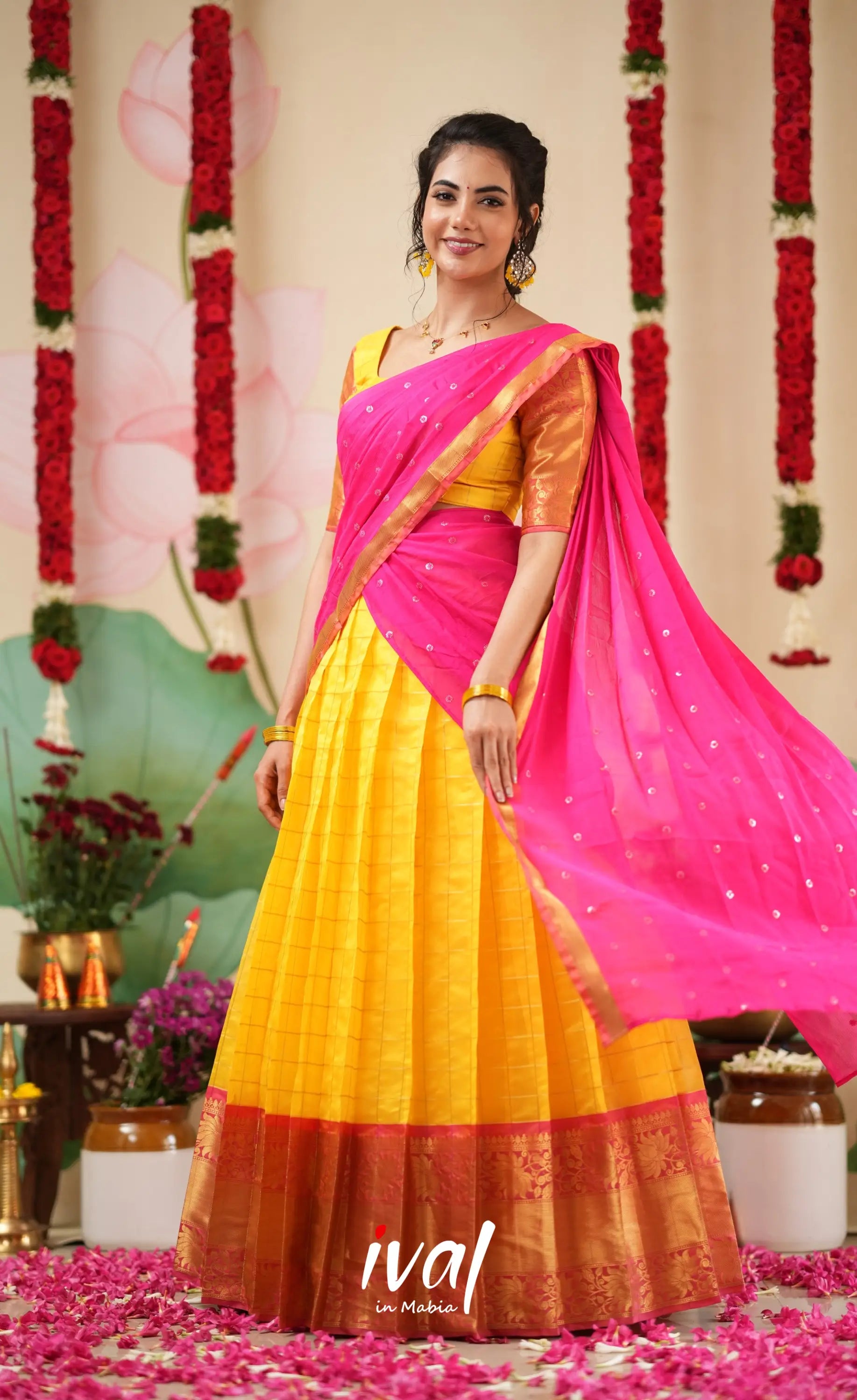 Sayuri Silk Cotton Halfsaree - Yellow and Bright Pink Half Sarees