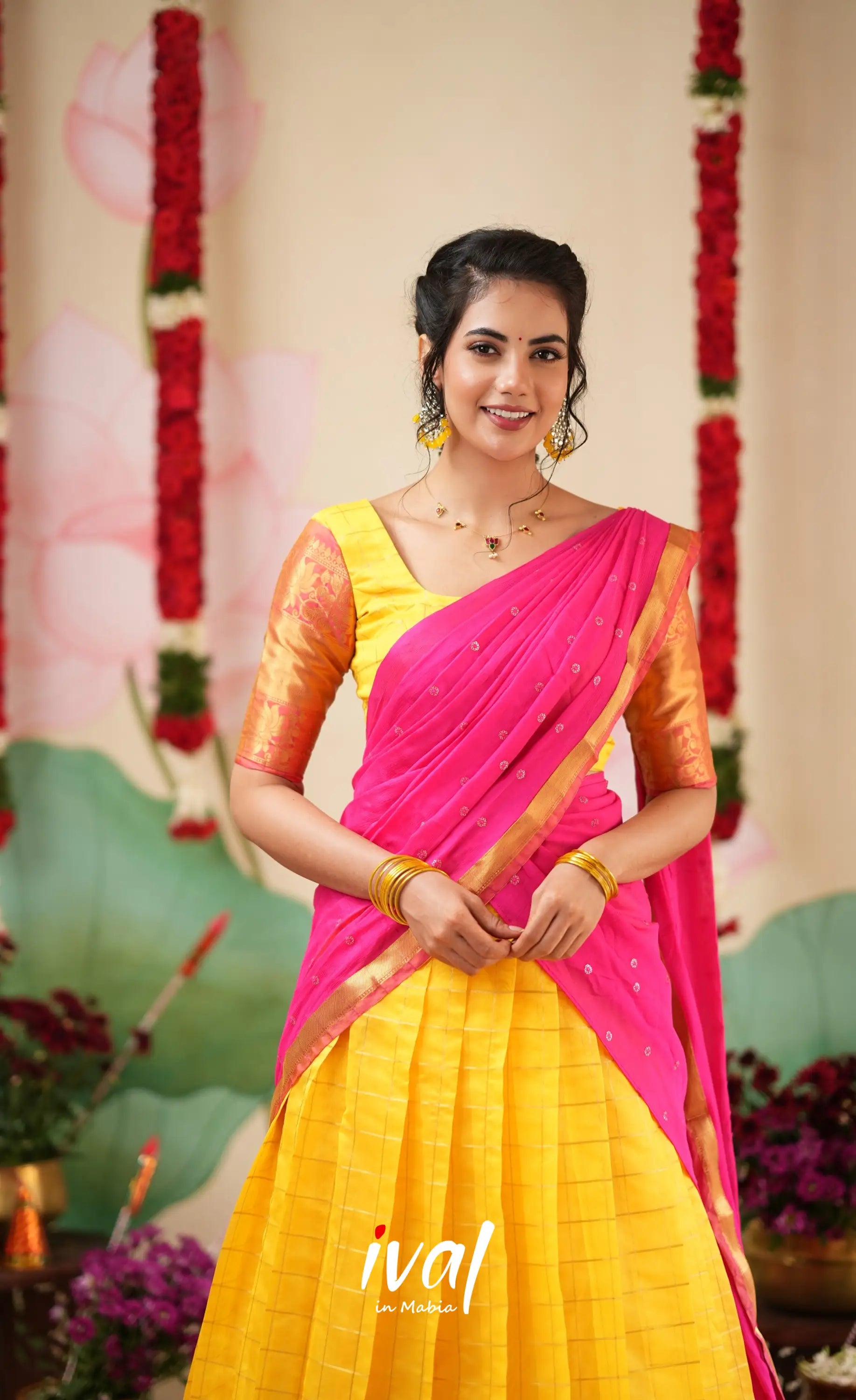 Sayuri Silk Cotton Halfsaree - Yellow and Bright Pink Half Sarees