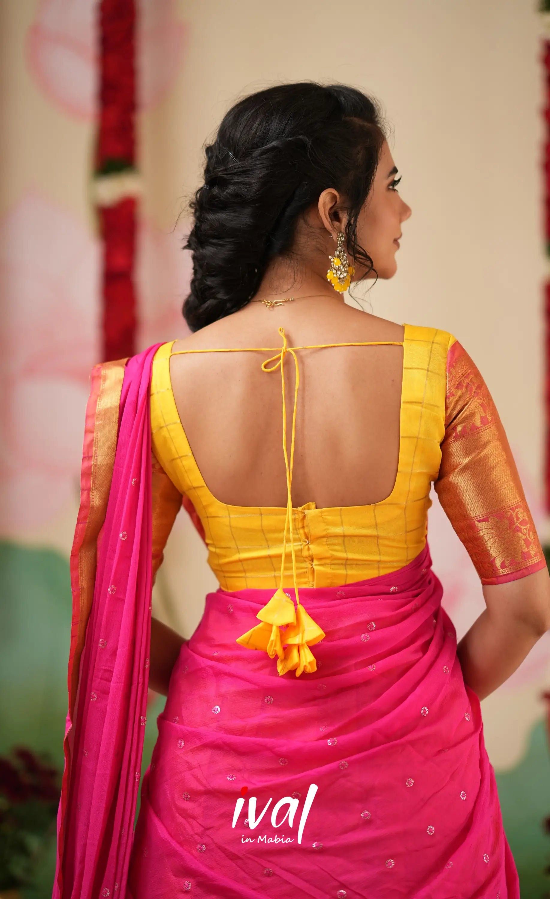 Sayuri Silk Cotton Halfsaree - Yellow and Bright Pink Half Sarees