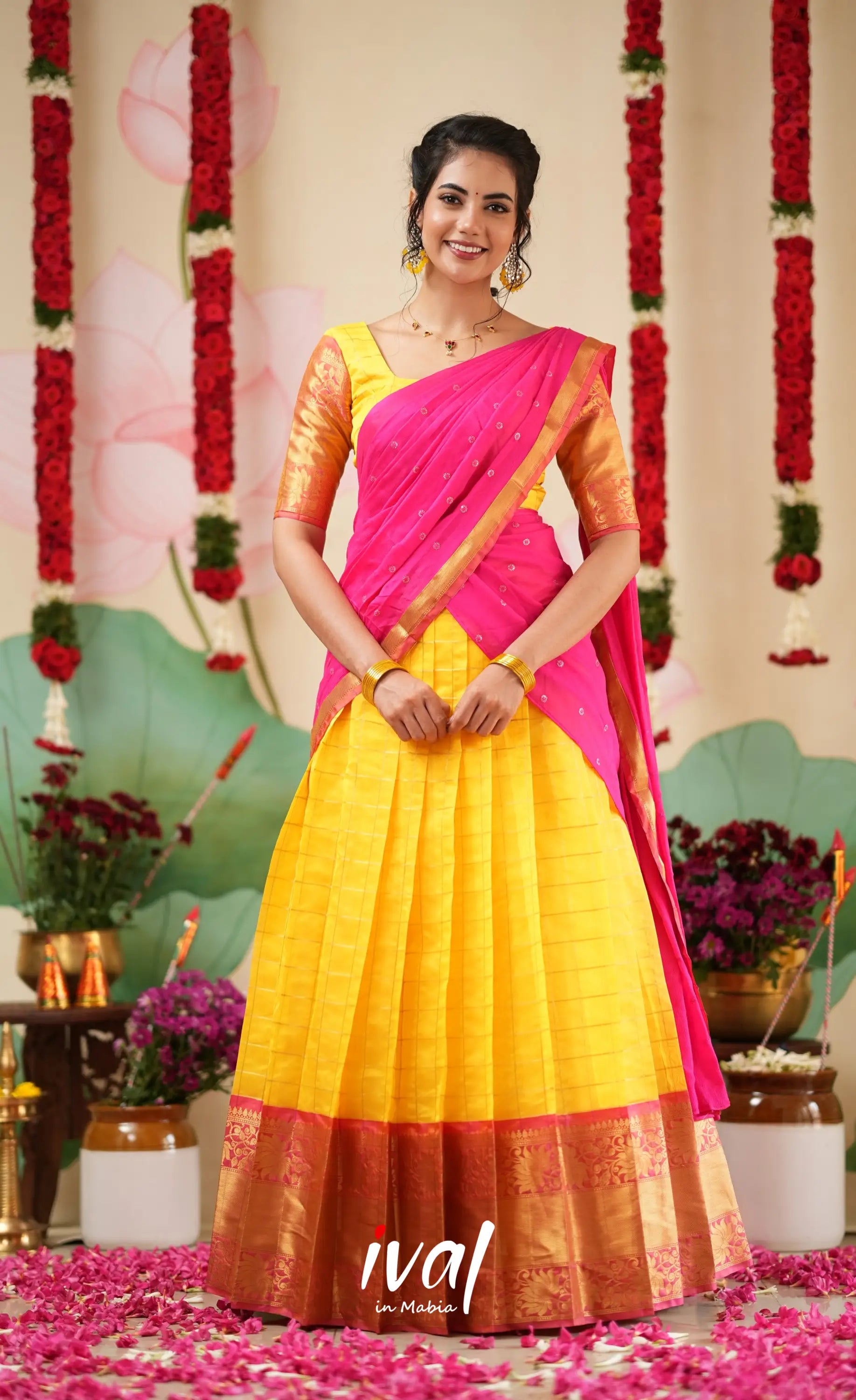 Sayuri Silk Cotton Halfsaree - Yellow and Bright Pink Half Sarees