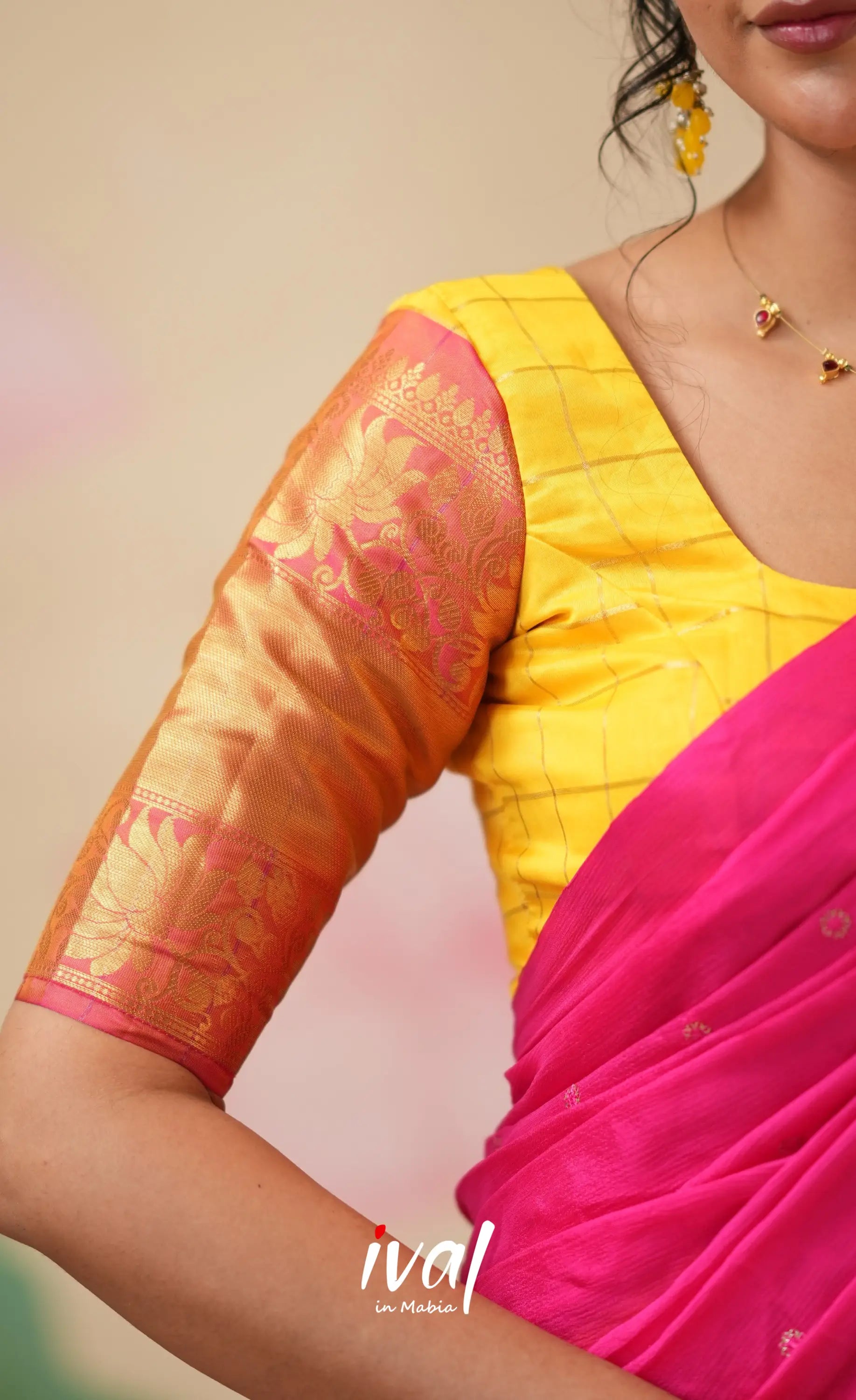Sayuri Silk Cotton Halfsaree - Yellow and Bright Pink Half Sarees