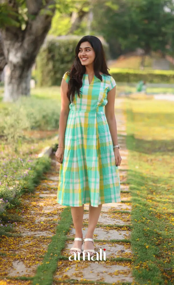 Sea Green Checks Indo Western Dress - salwar