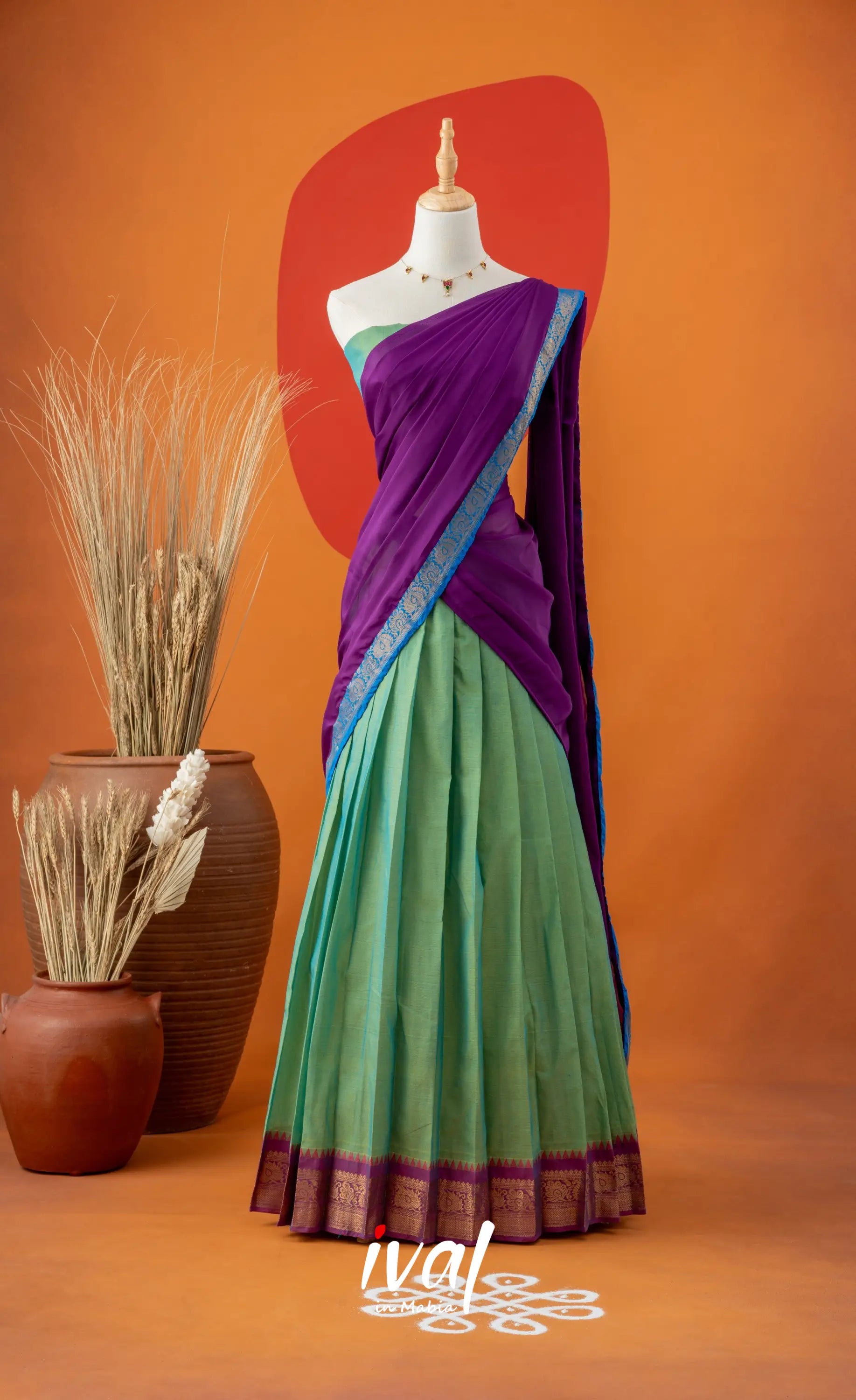 Sea Green with Violet Semi-Stitched Cotton Halfsaree Half Sarees