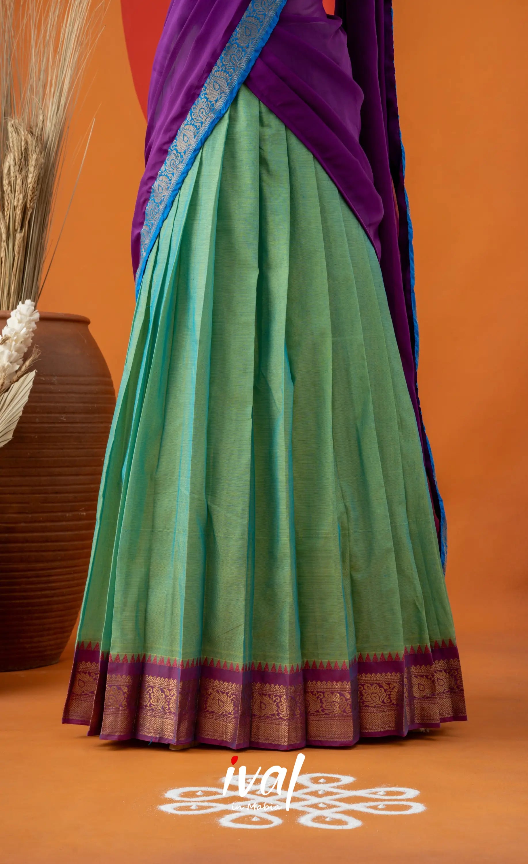 Sea Green with Violet Semi-Stitched Cotton Halfsaree Half Sarees