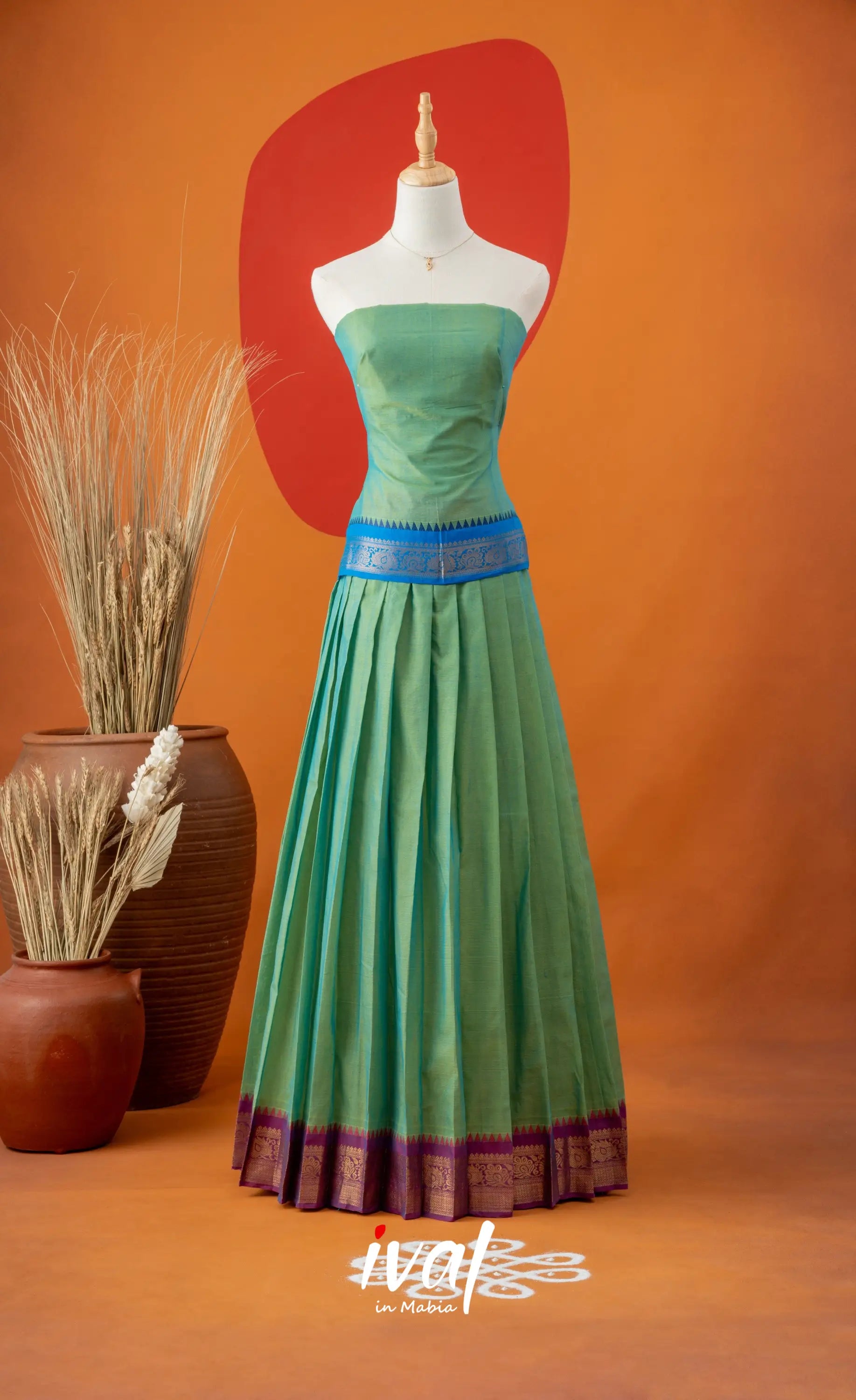 Sea Green with Violet Semi-Stitched Cotton Halfsaree Half Sarees