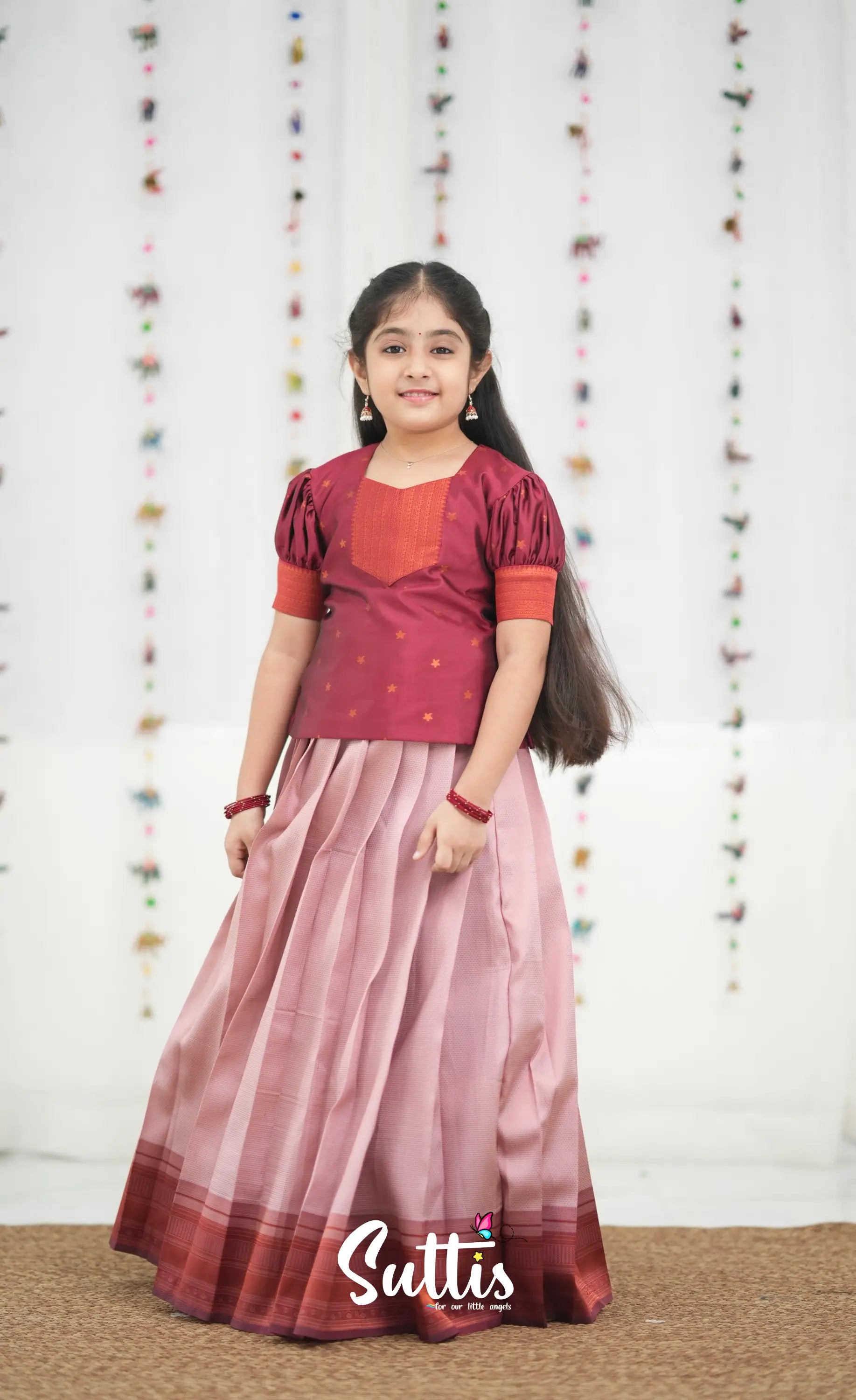Silk Cotton Pavadai Sattai - Baby Pink and Red Kids-Suttis