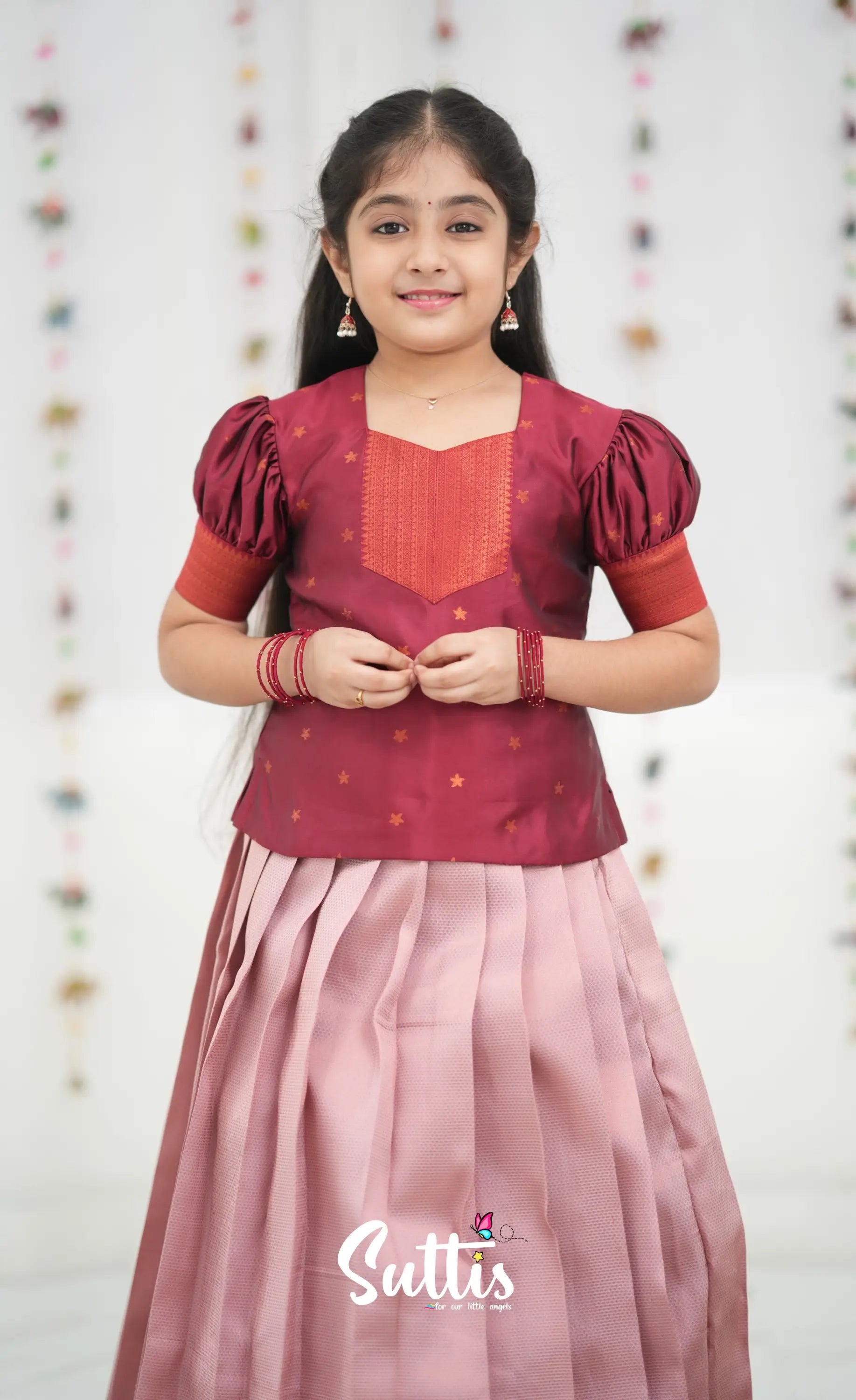 Silk Cotton Pavadai Sattai - Baby Pink and Red Kids-Suttis