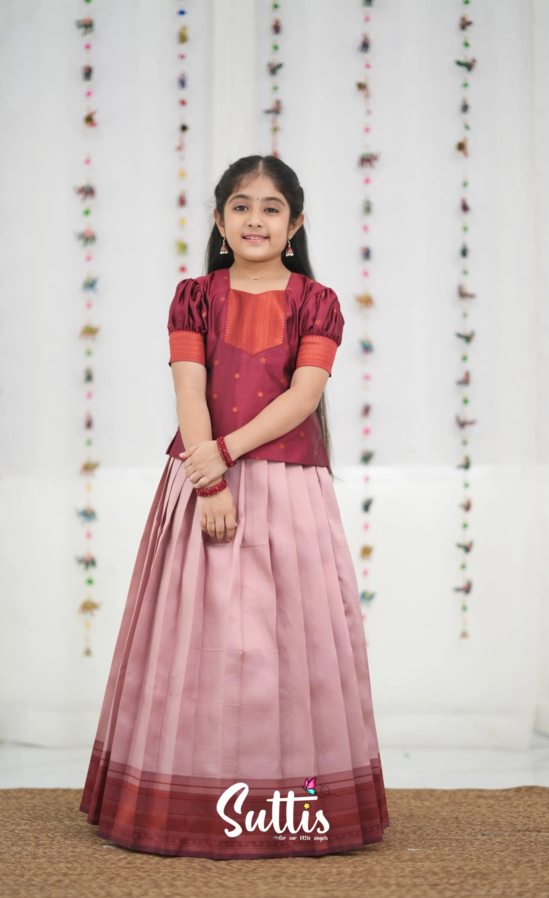 Silk Cotton Pavadai Sattai - Baby Pink and Red Kids-Suttis
