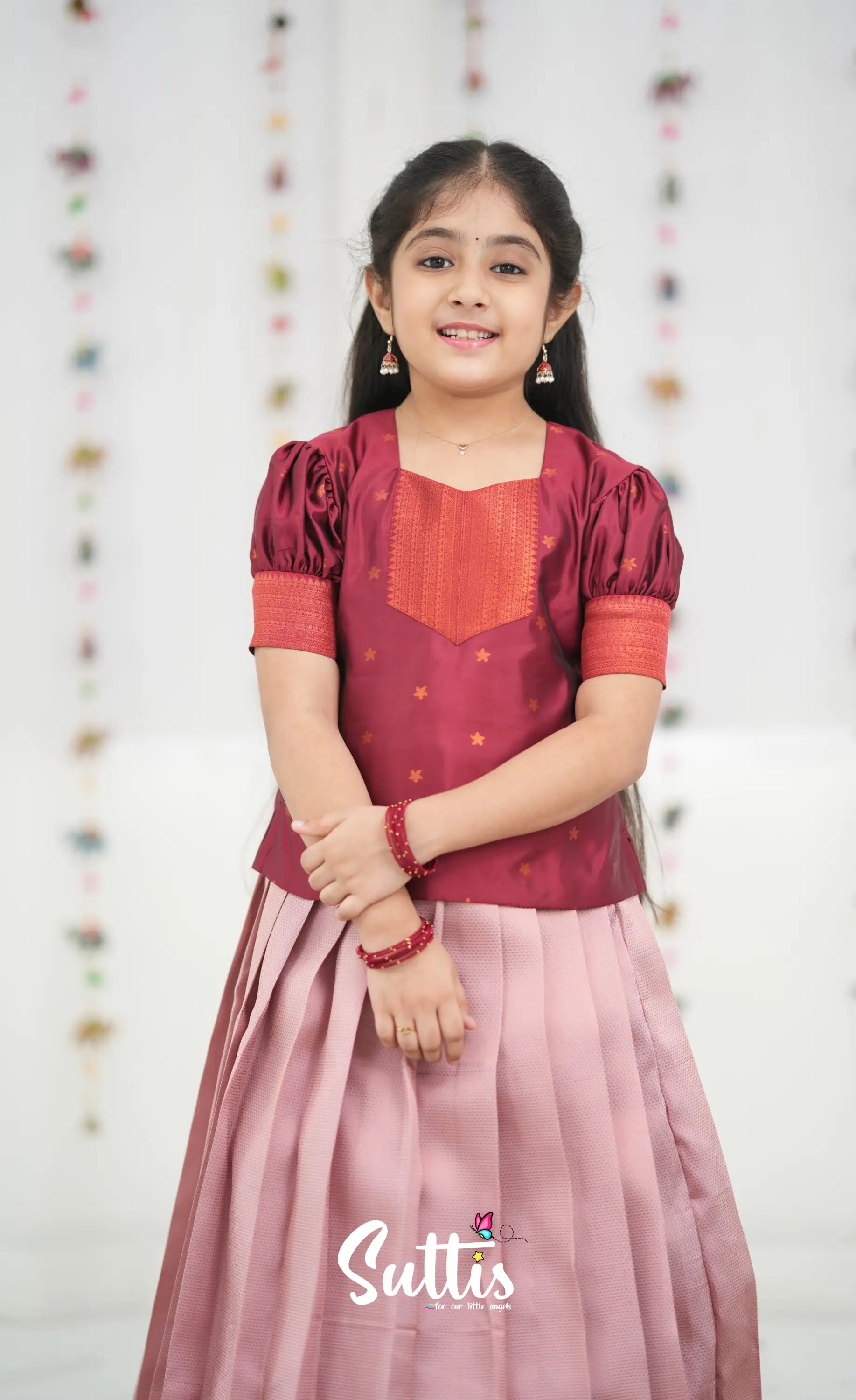 Silk Cotton Pavadai Sattai - Baby Pink and Red Kids-Suttis