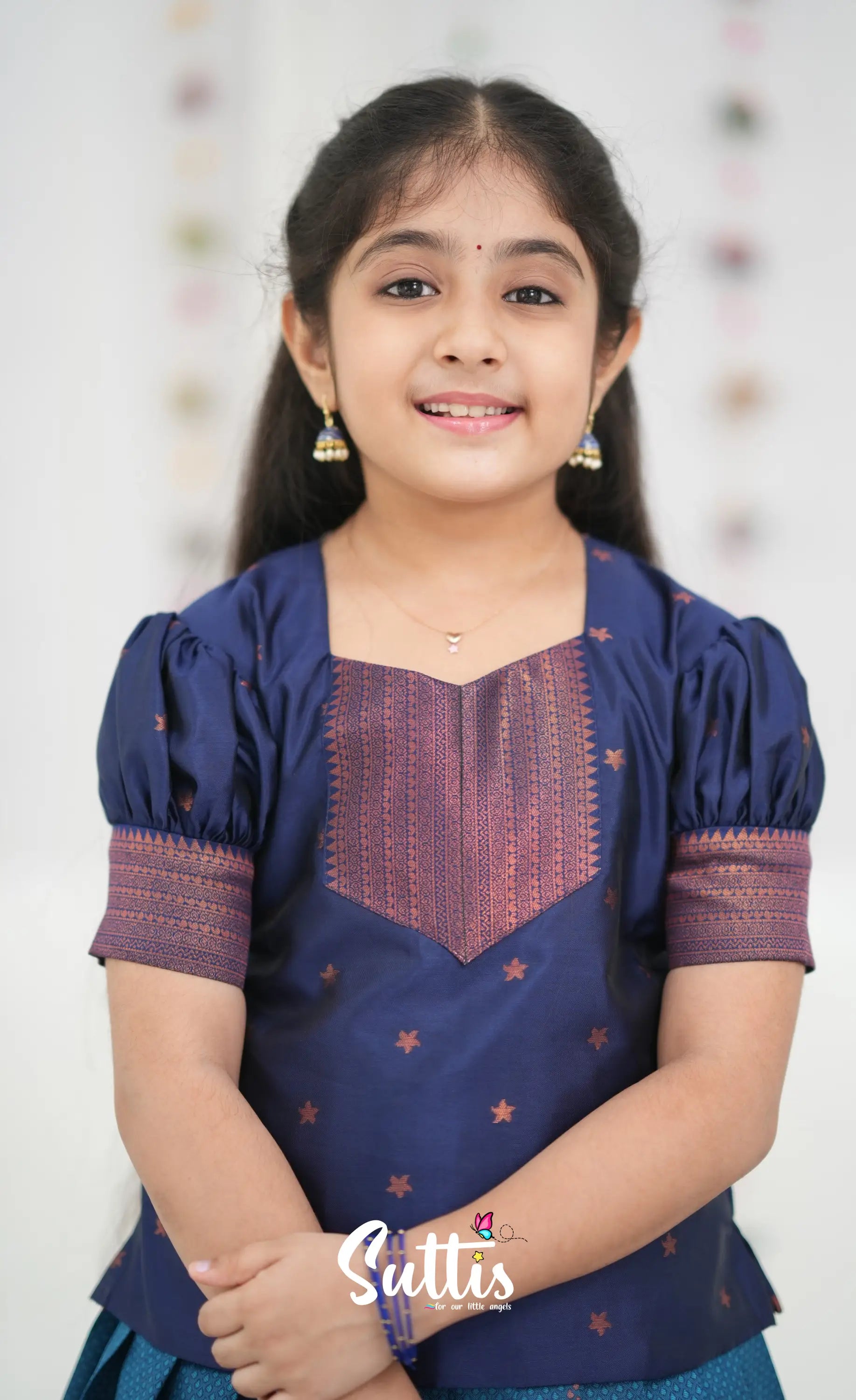Silk Cotton Pavadai Sattai - Blue and Navy Blue Kids-Suttis