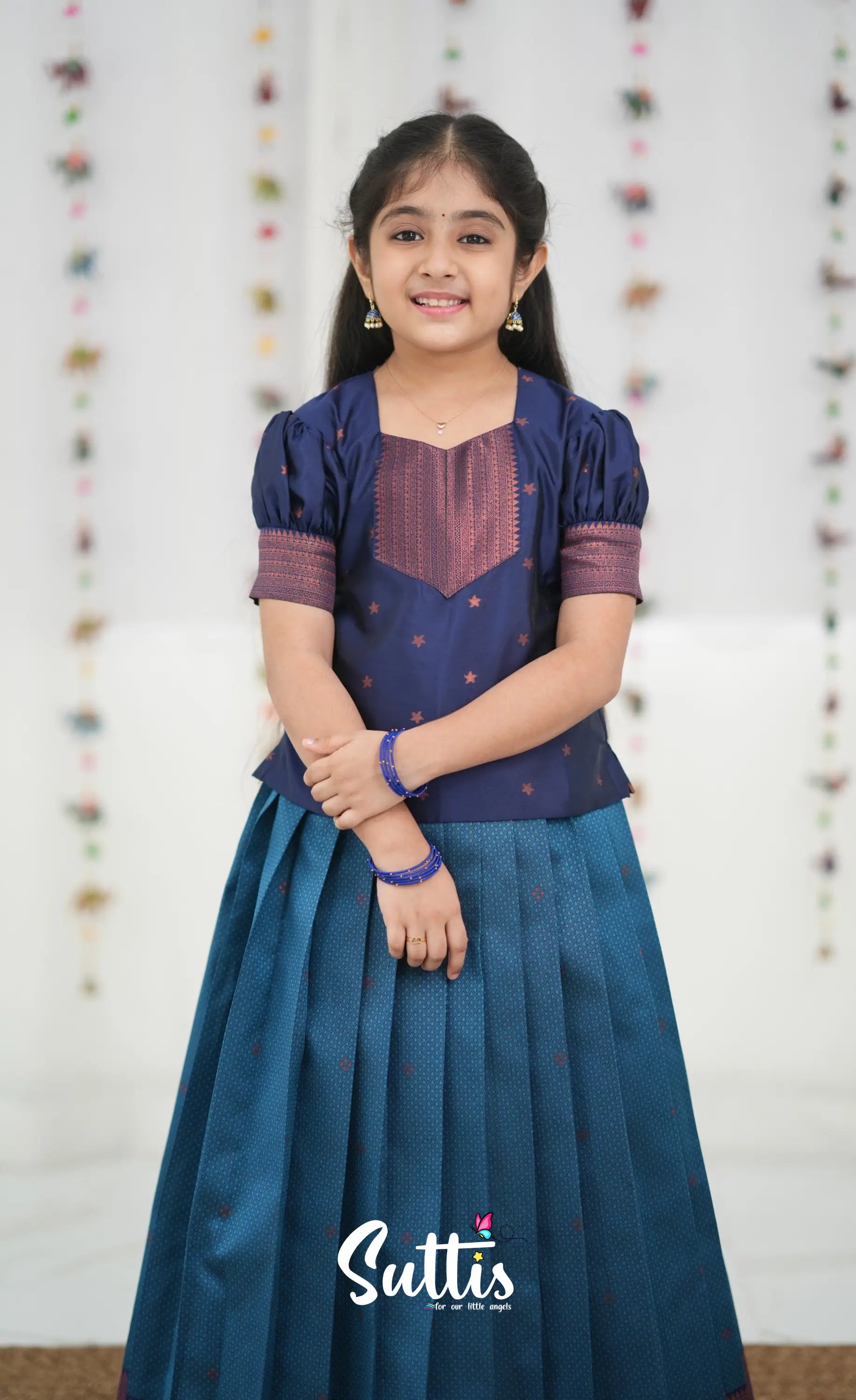 Silk Cotton Pavadai Sattai - Blue and Navy Blue Kids-Suttis
