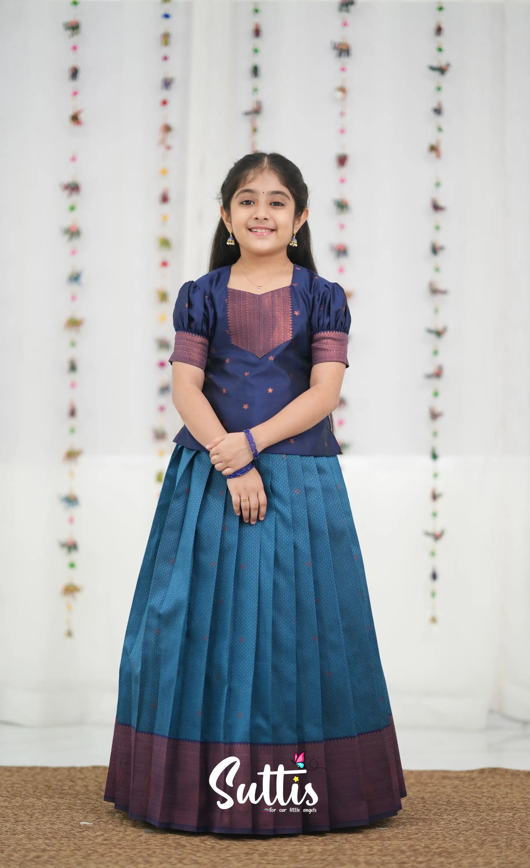 Silk Cotton Pavadai Sattai - Blue and Navy Blue Kids-Suttis
