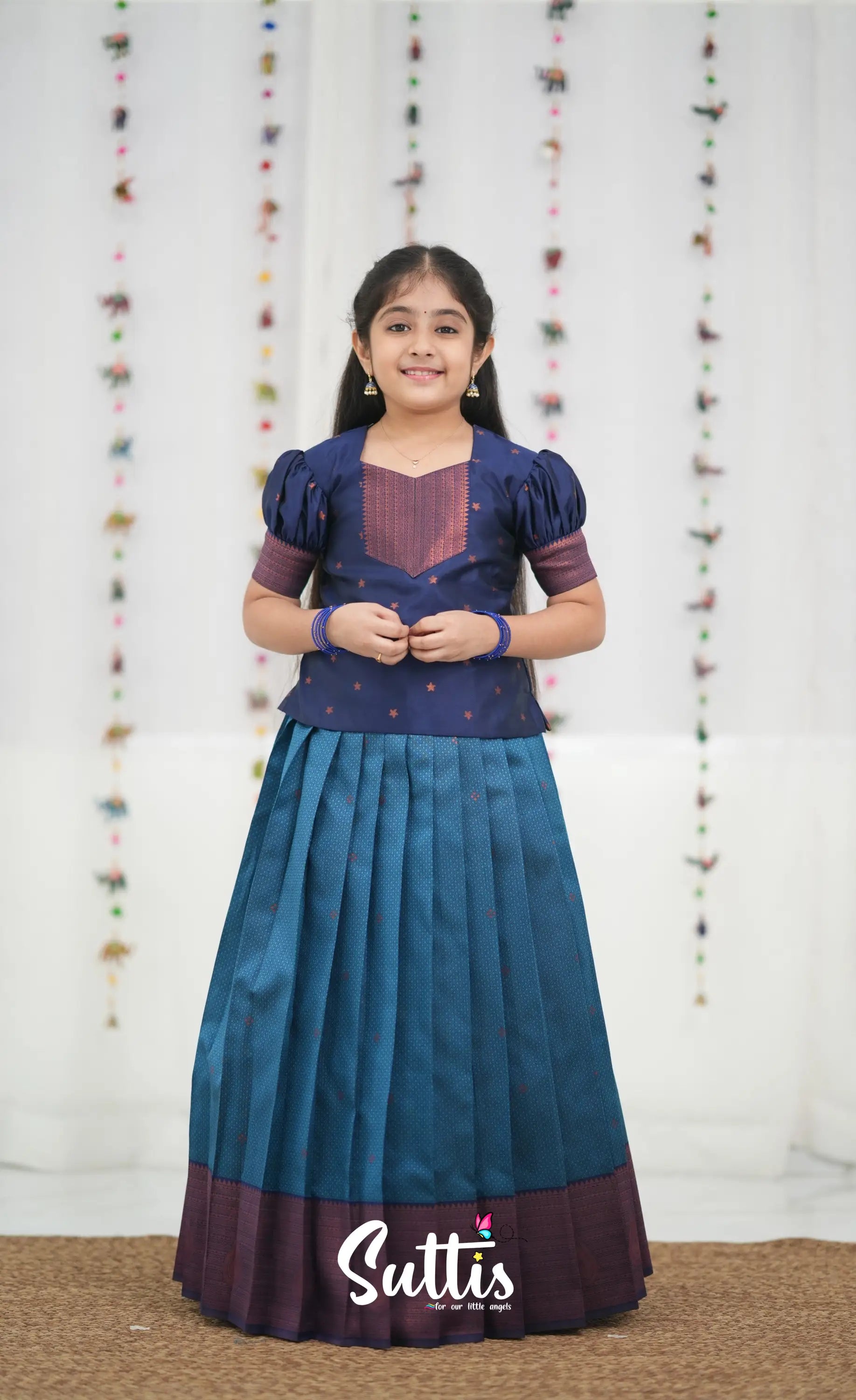 Silk Cotton Pavadai Sattai - Blue and Navy Blue Kids-Suttis