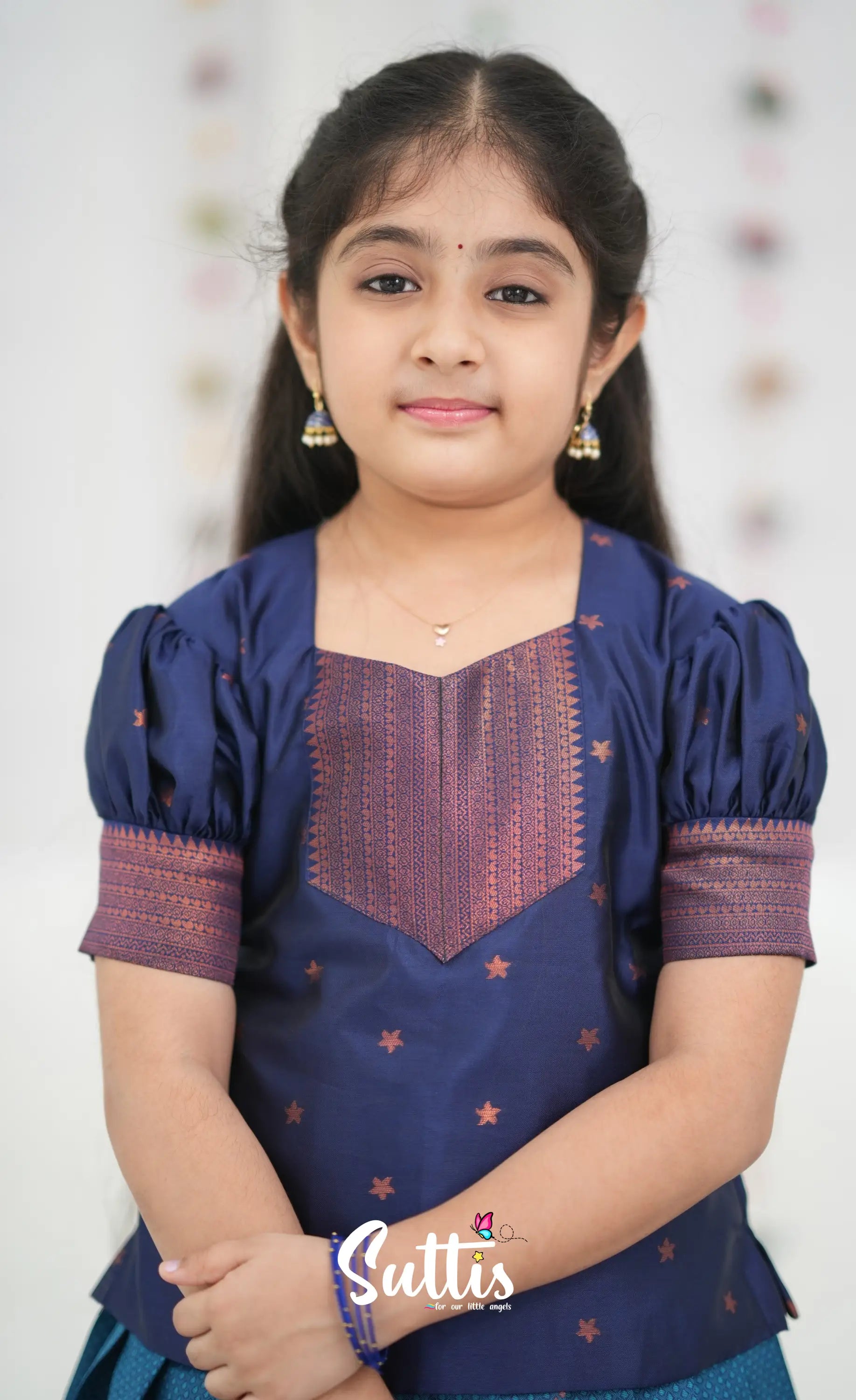 Silk Cotton Pavadai Sattai - Blue and Navy Blue Kids-Suttis