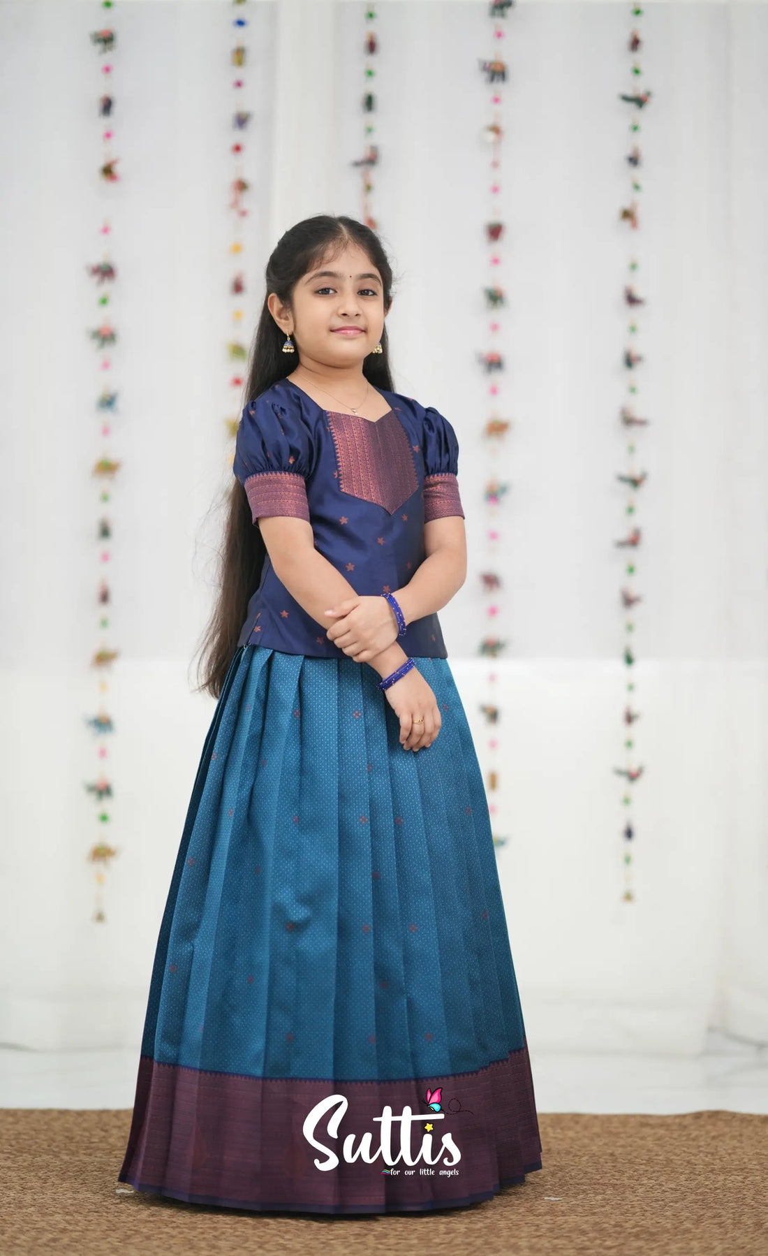 Silk Cotton Pavadai Sattai - Blue and Navy Blue Kids-Suttis