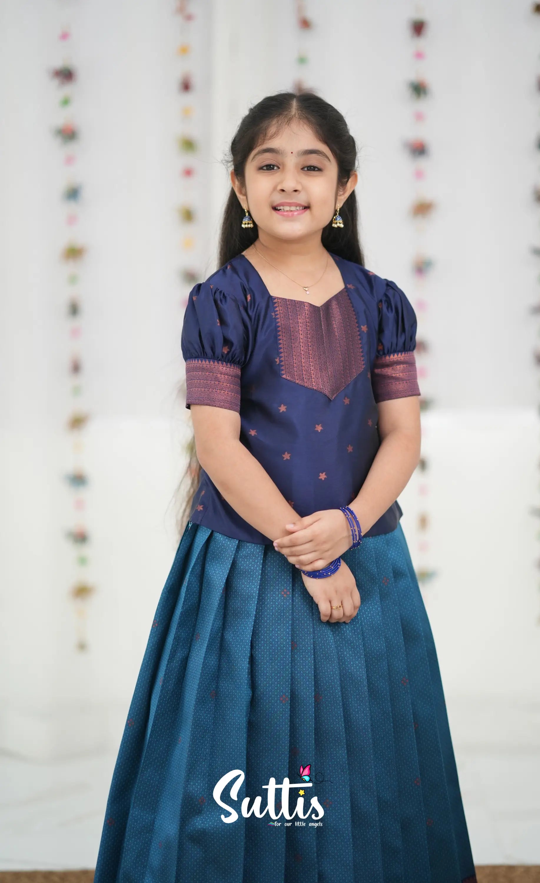 Silk Cotton Pavadai Sattai - Blue and Navy Blue Kids-Suttis