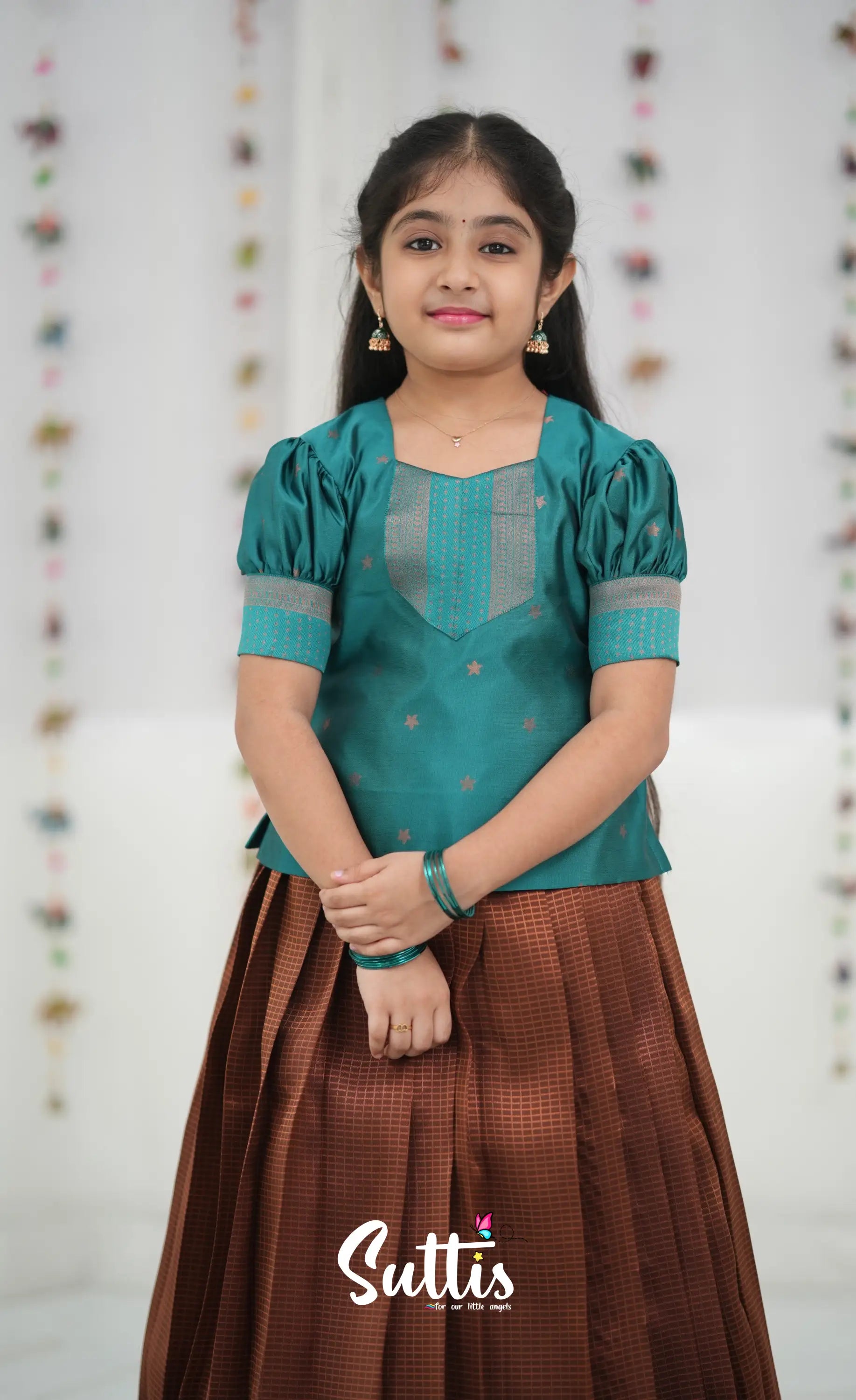 Silk Cotton Pavadai Sattai - Brown and Teal Blue Kids-Suttis