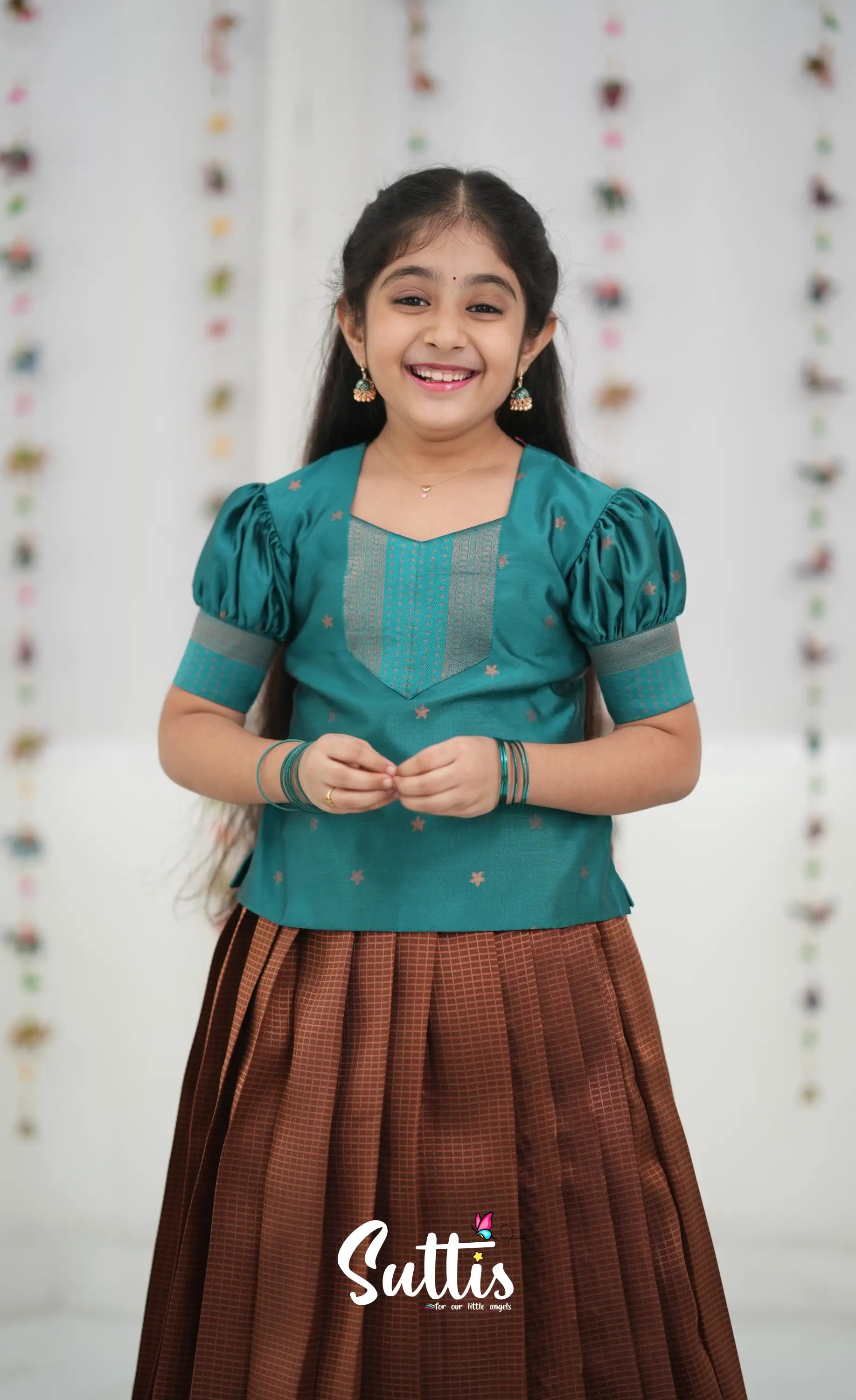 Silk Cotton Pavadai Sattai - Brown and Teal Blue Kids-Suttis