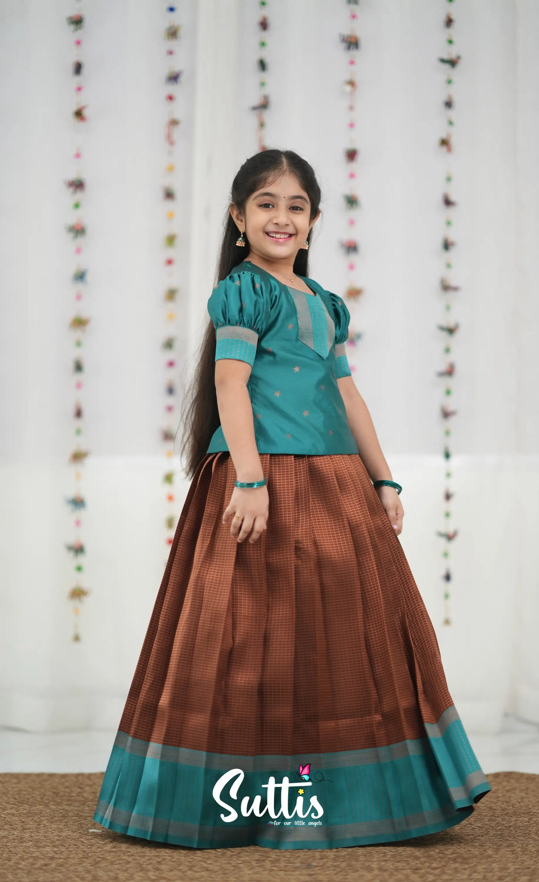 Silk Cotton Pavadai Sattai - Brown and Teal Blue Kids-Suttis