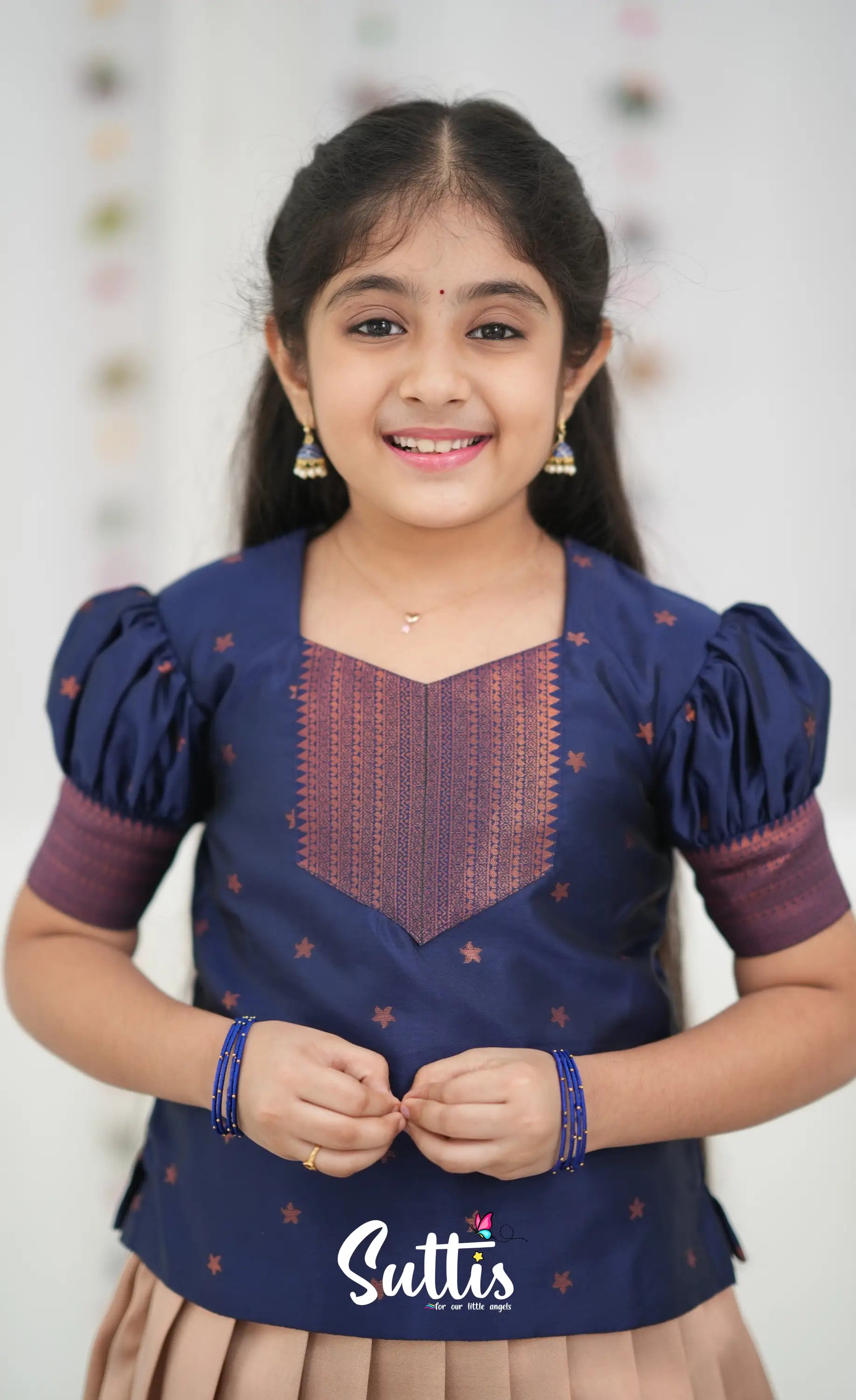 Silk Cotton Pavadai Sattai - Cream and Navy Blue Kids-Suttis