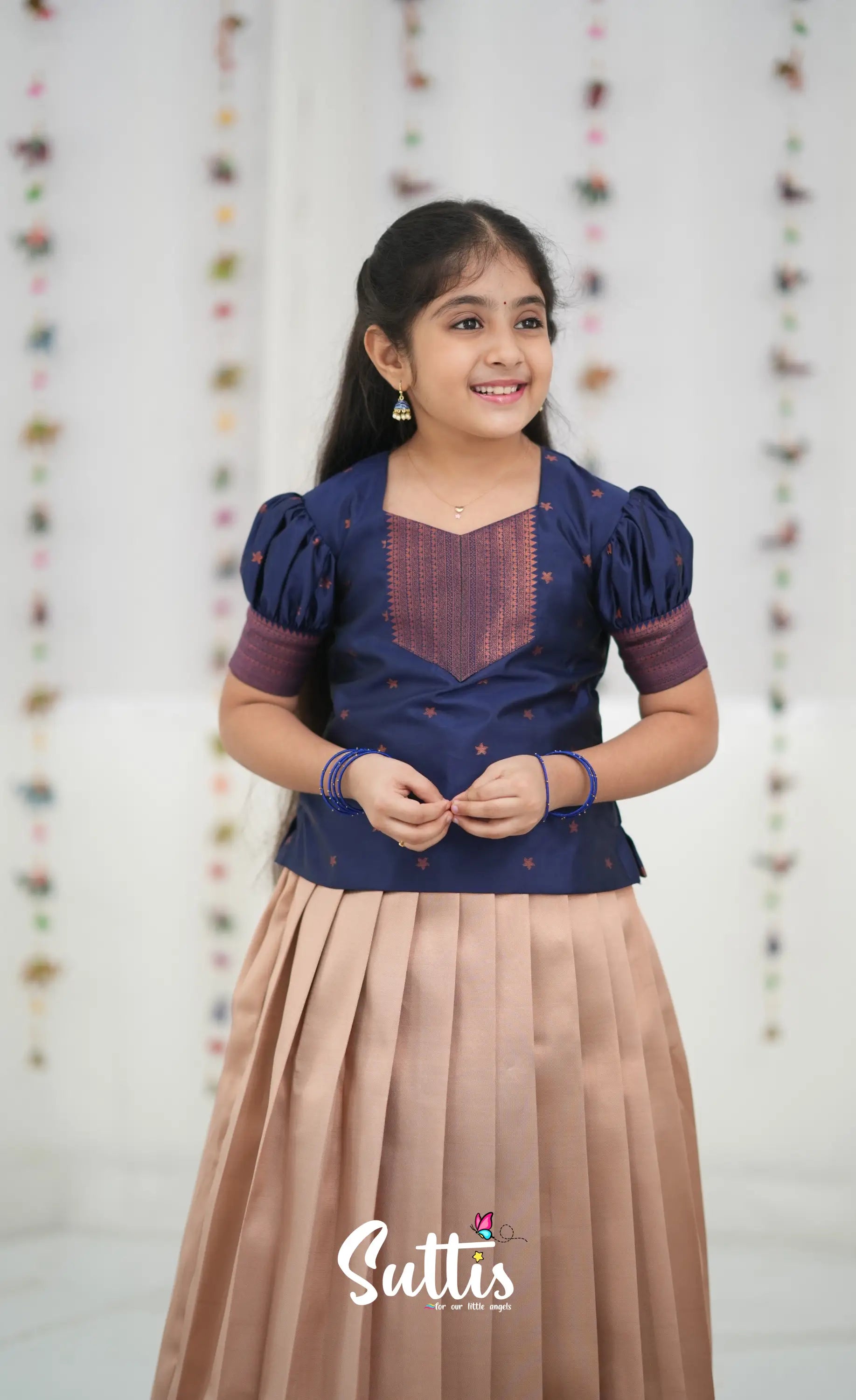 Silk Cotton Pavadai Sattai - Cream and Navy Blue Kids-Suttis