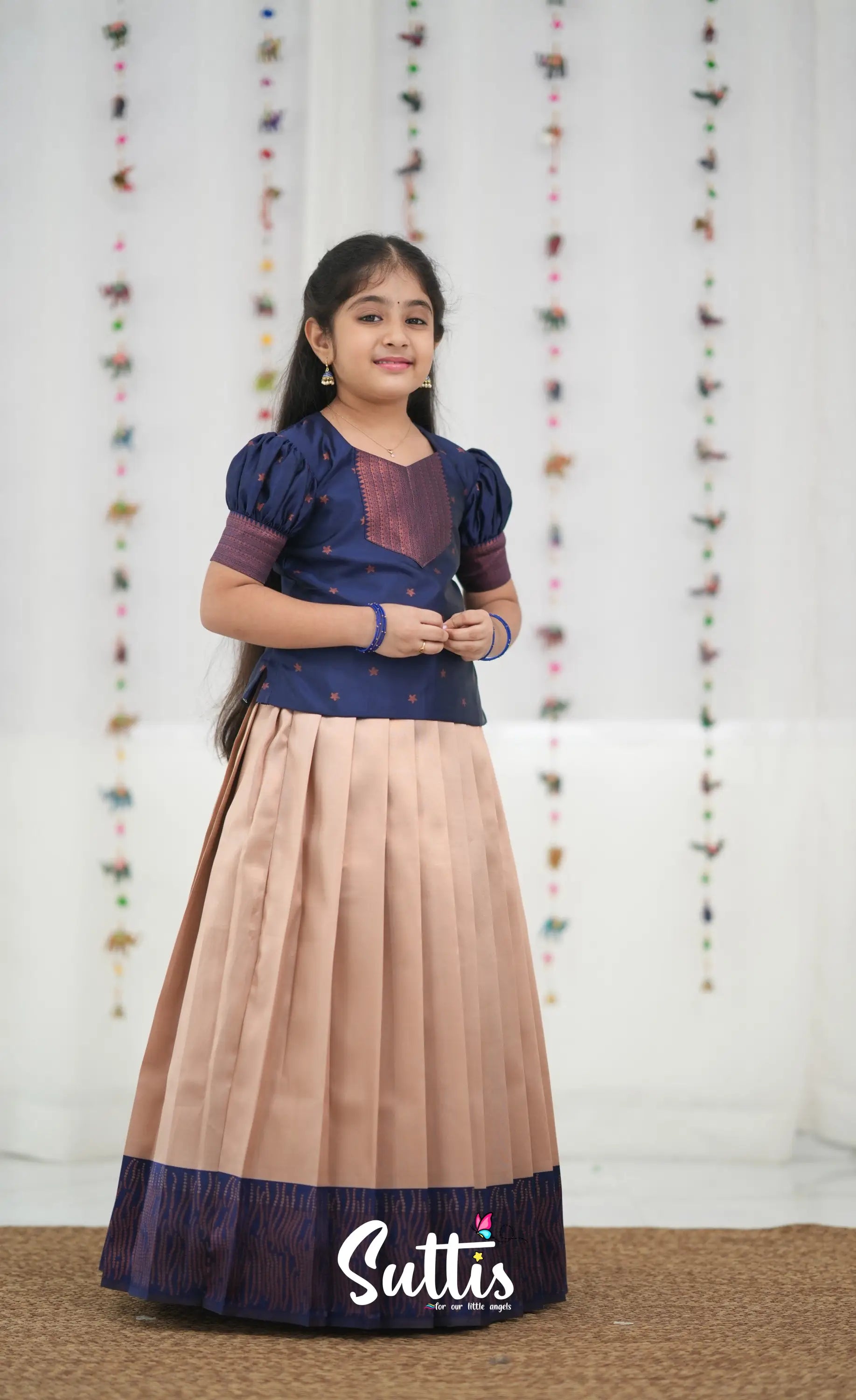 Silk Cotton Pavadai Sattai - Cream and Navy Blue Kids-Suttis