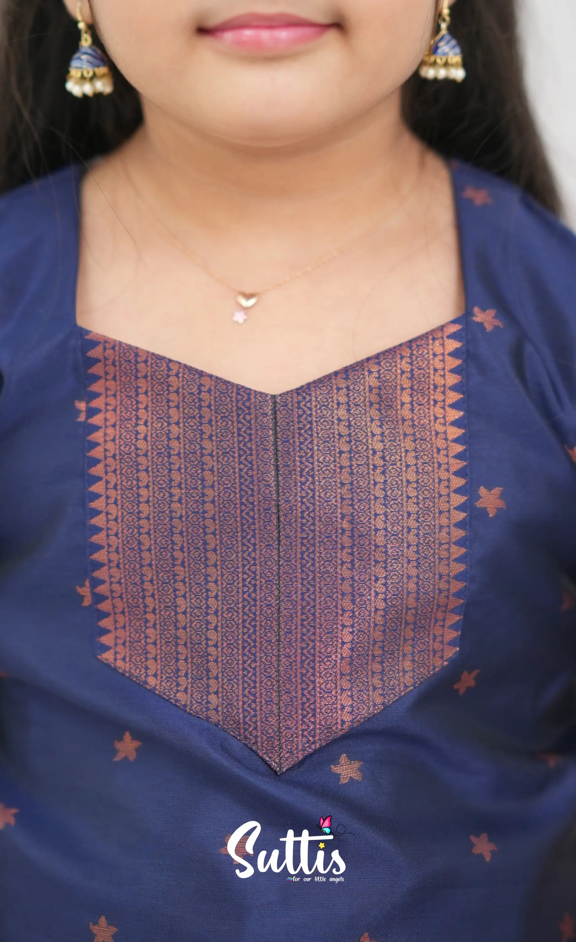 Silk Cotton Pavadai Sattai - Cream and Navy Blue Kids-Suttis