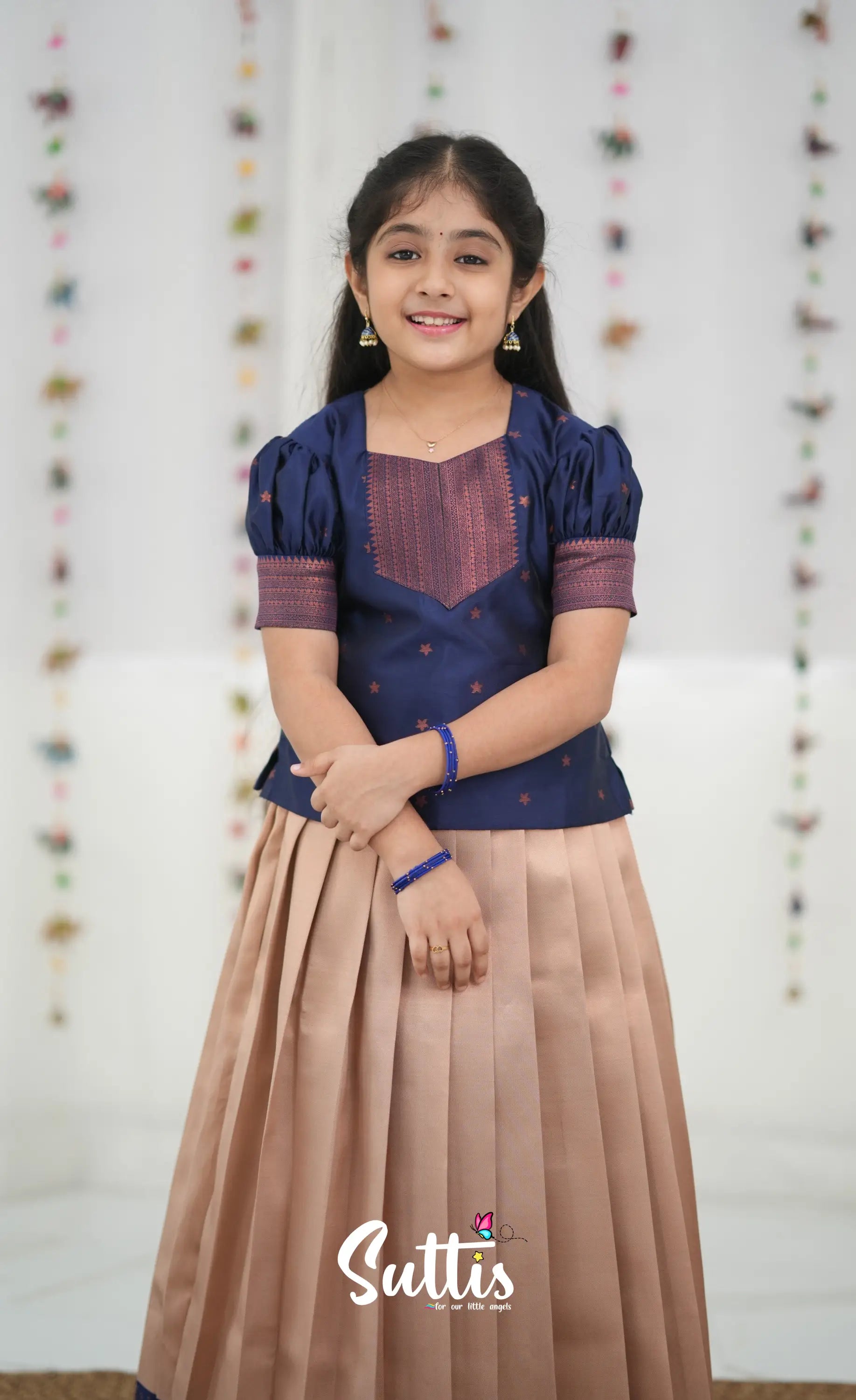 Silk Cotton Pavadai Sattai - Cream and Navy Blue Kids-Suttis