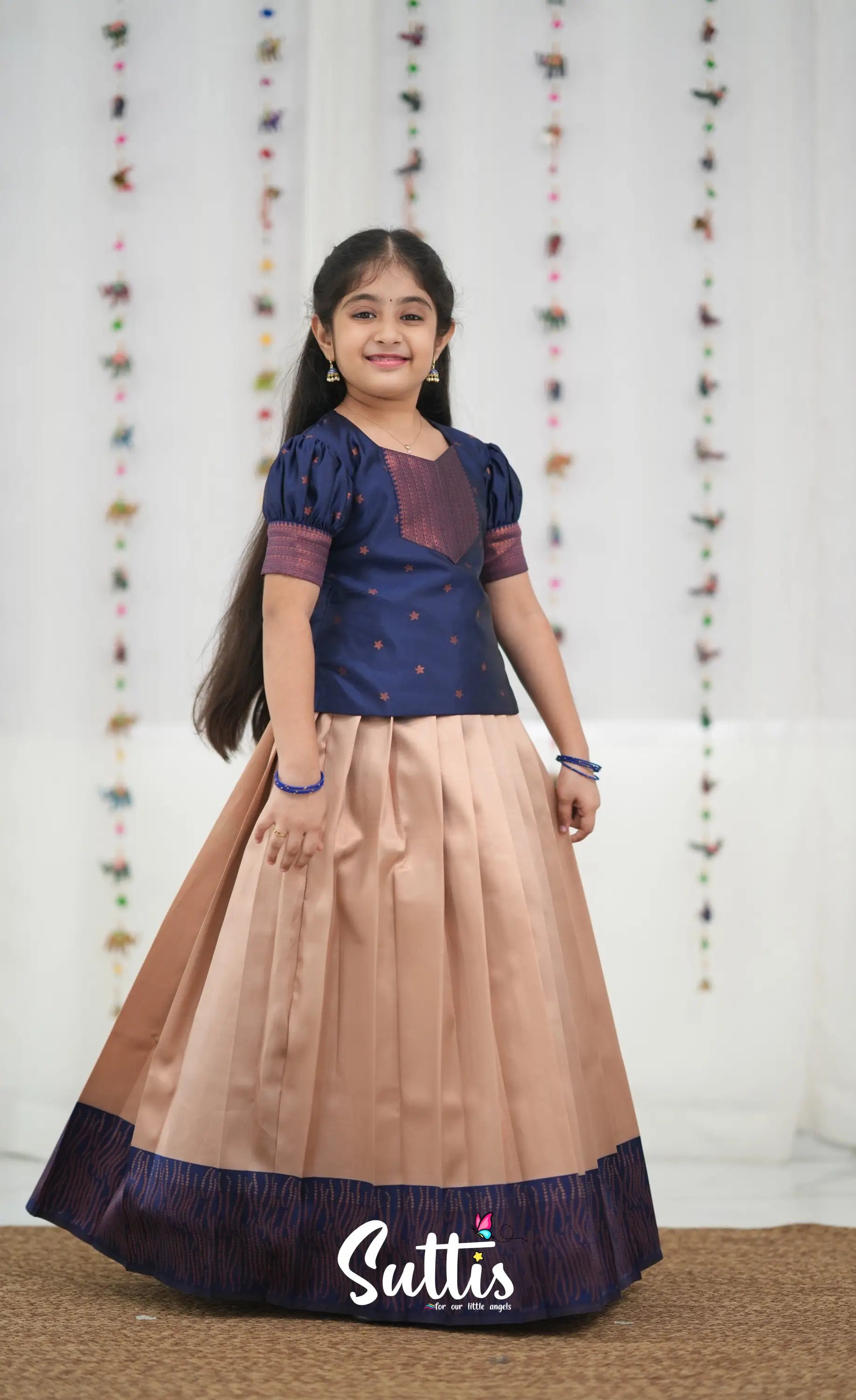 Silk Cotton Pavadai Sattai - Cream and Navy Blue Kids-Suttis