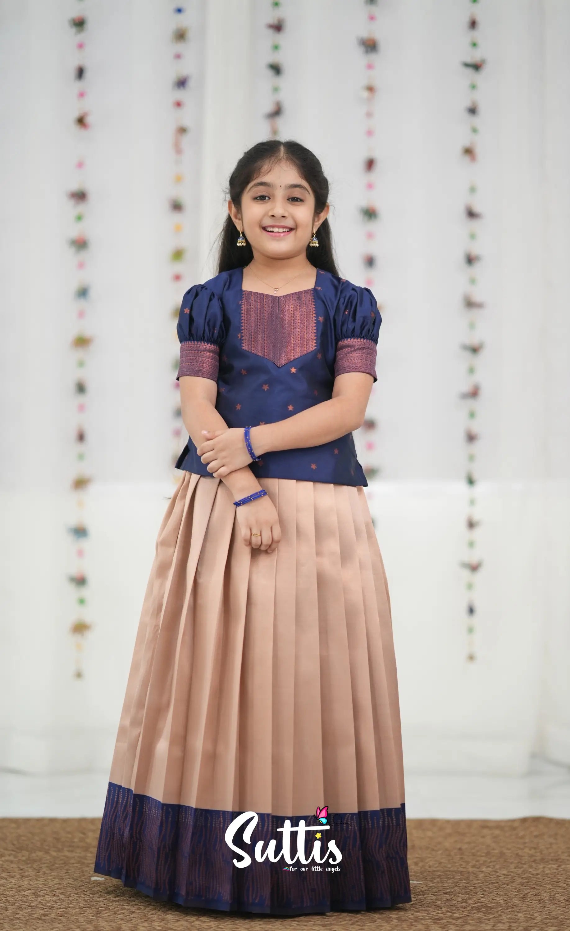 Silk Cotton Pavadai Sattai - Cream and Navy Blue Kids-Suttis