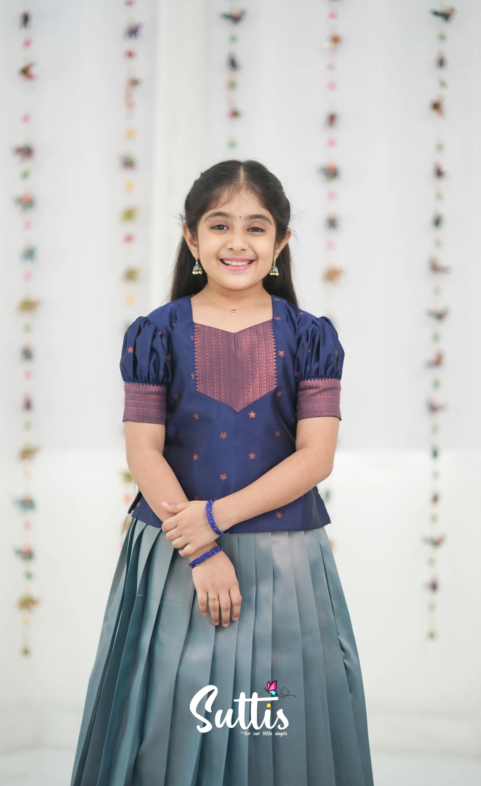 Silk Cotton Pavadai Sattai - Light Blue and Navy Blue Kids-Suttis