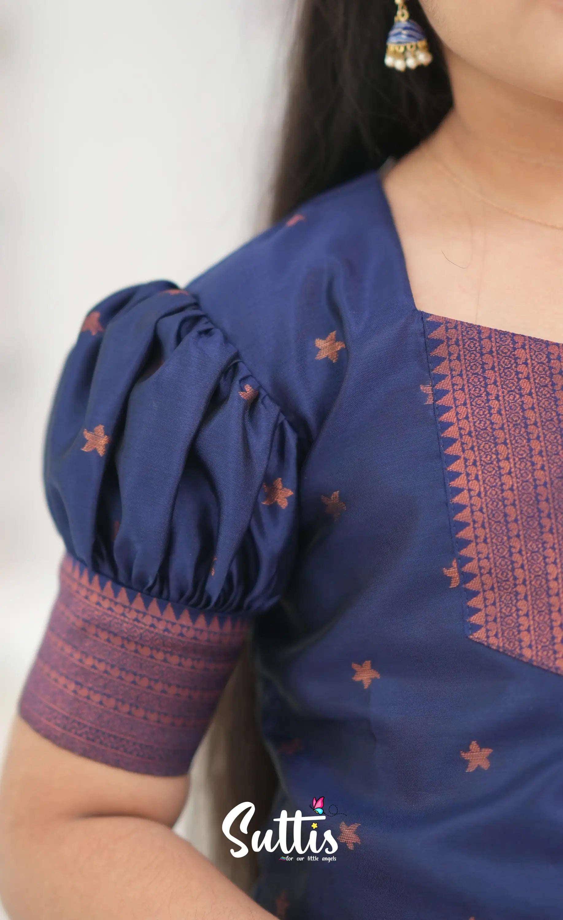 Silk Cotton Pavadai Sattai - Light Blue and Navy Blue Kids-Suttis