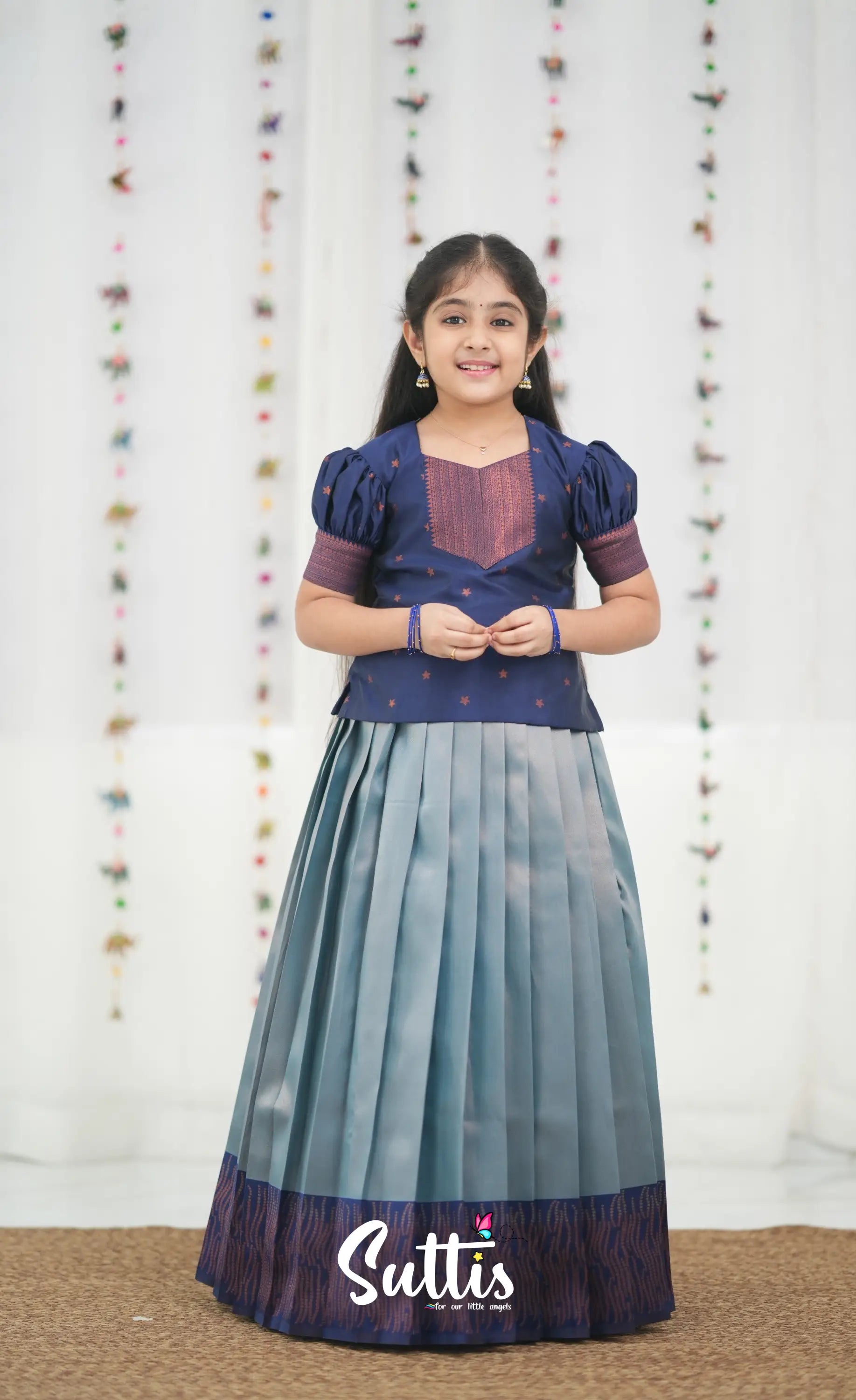 Silk Cotton Pavadai Sattai - Light Blue and Navy Blue Kids-Suttis