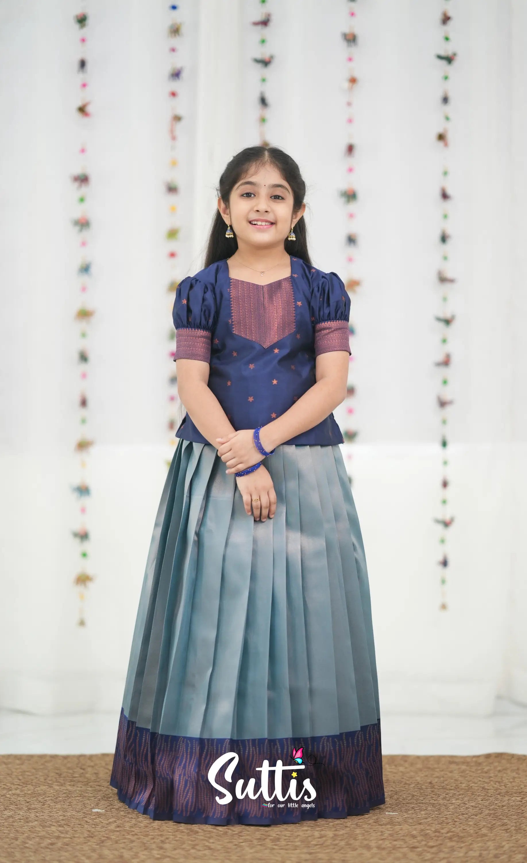 Silk Cotton Pavadai Sattai - Light Blue and Navy Blue Kids-Suttis