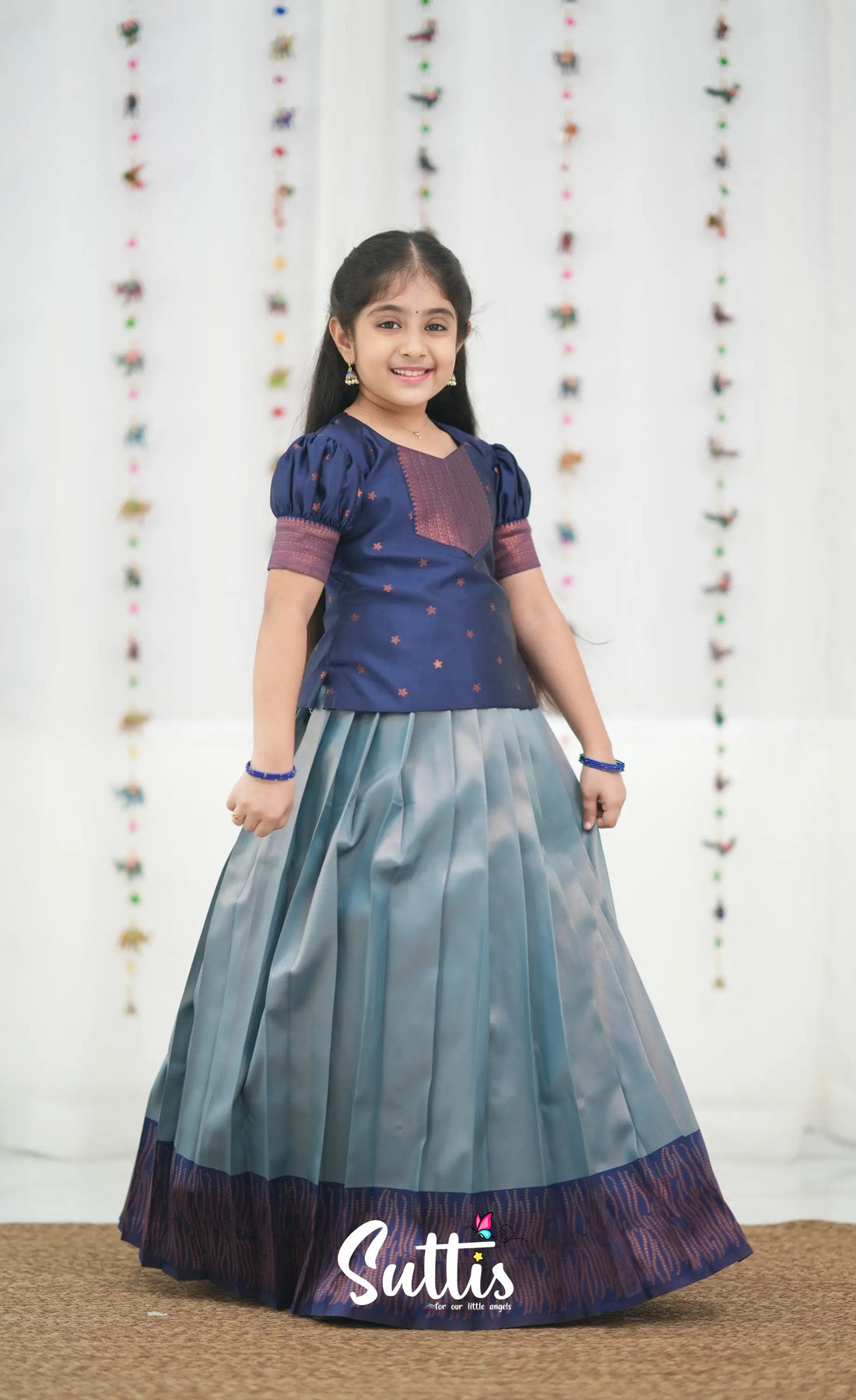 Silk Cotton Pavadai Sattai - Light Blue and Navy Blue Kids-Suttis