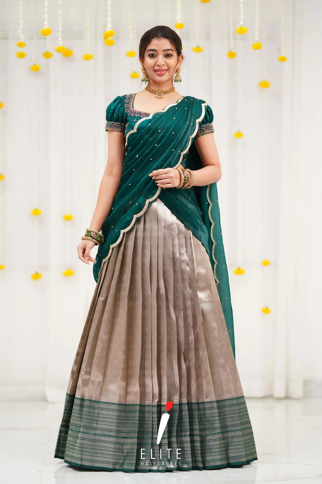 Silver Grey And Dark Teal Green Blended Silk Designer Halfsaree