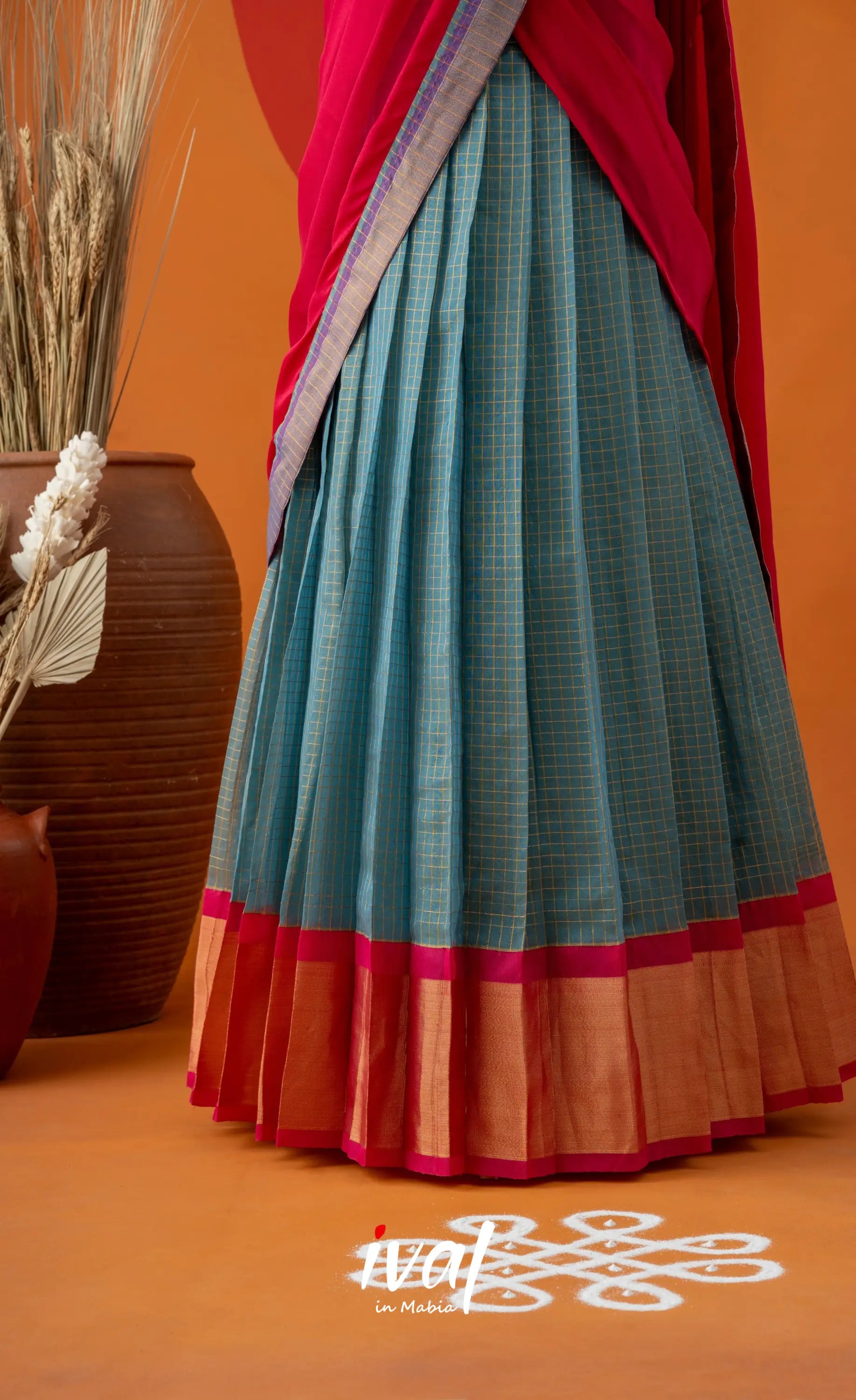 Sky Blue with Bright Pink Semi-Stitched Blended Silk Cotton Halfsaree Half Sarees