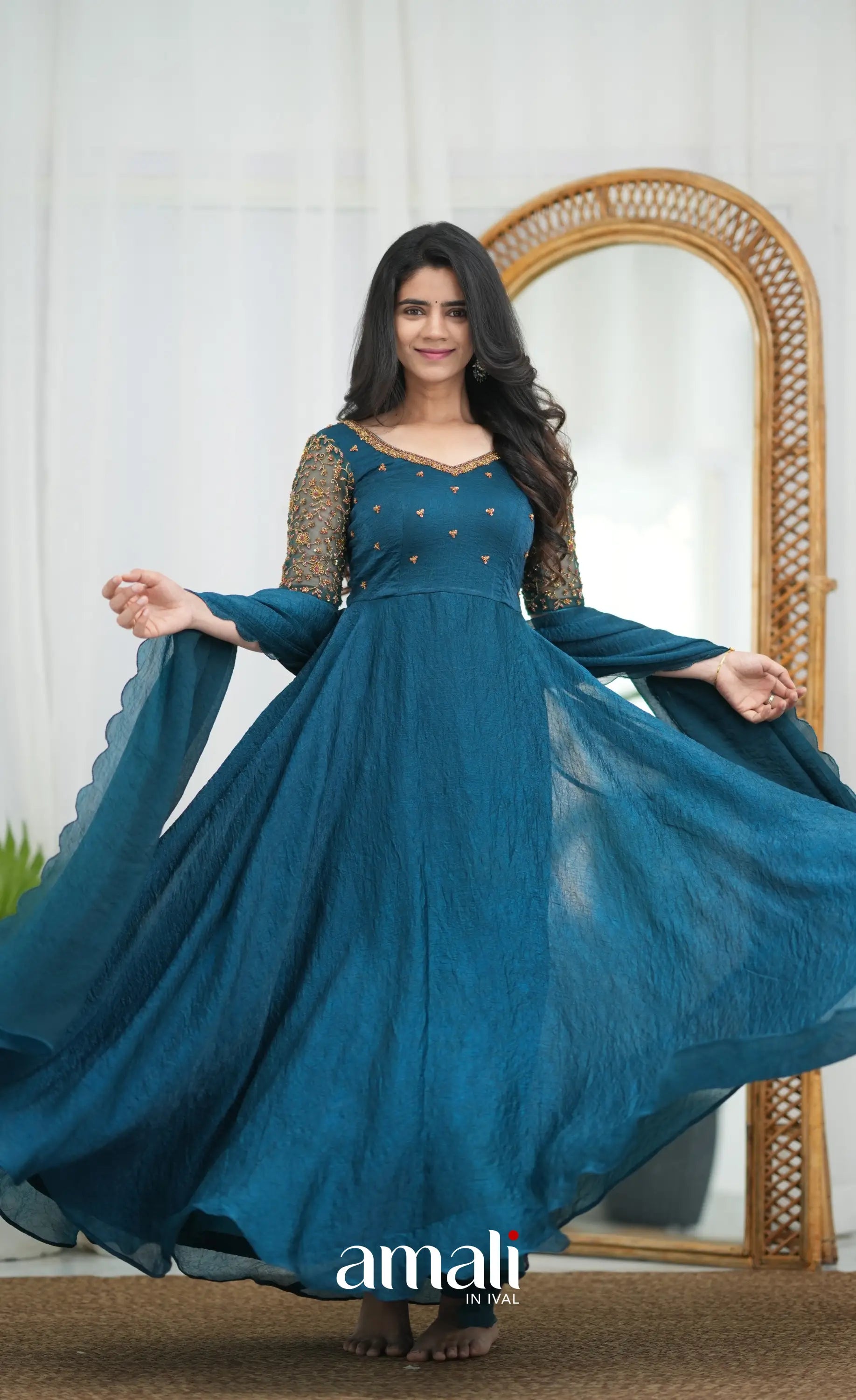 Teal Blue Aari Handworked Anarkali Anarkalis