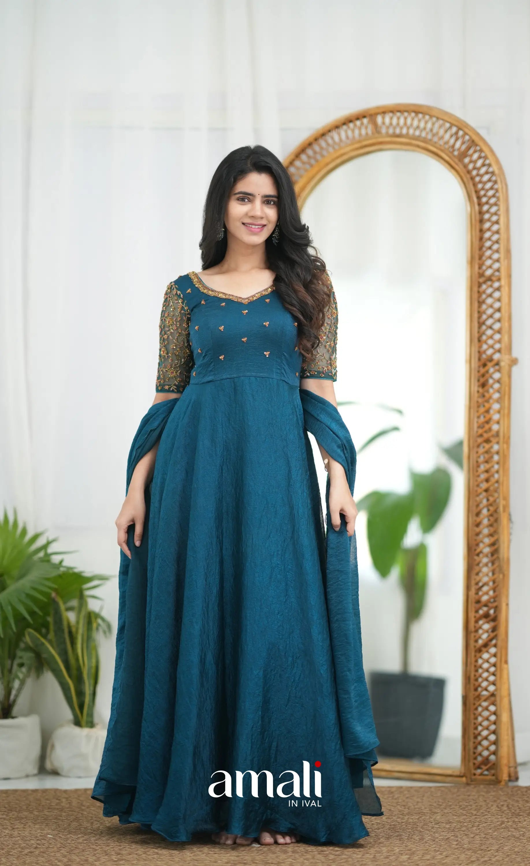 Teal Blue Aari Handworked Anarkali Anarkalis
