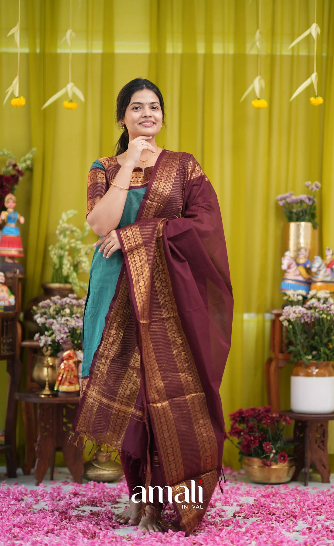 Teal blue and Brown Chettinad Cotton Salwar Set - salwar