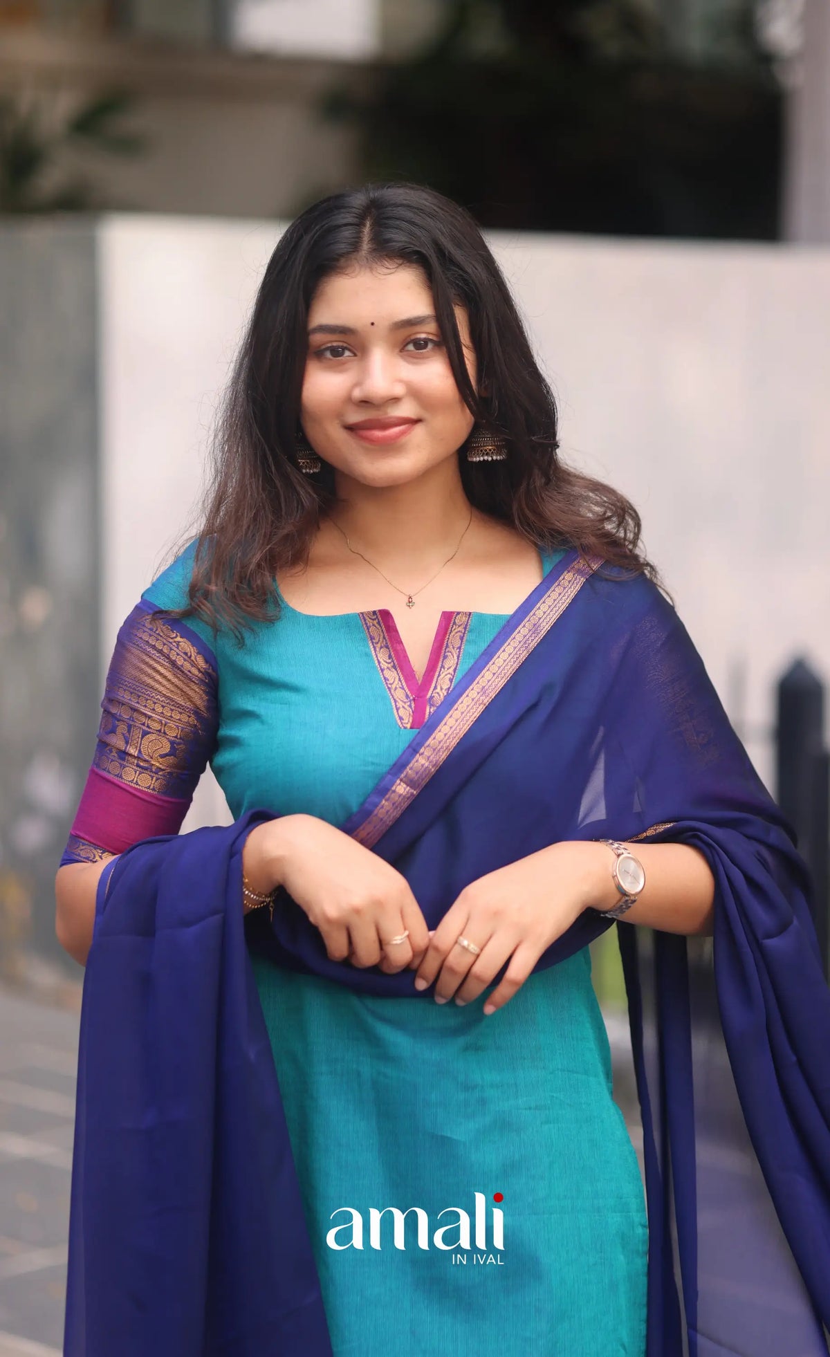 Teal Blue and Royal Blue Chettinad Cotton Salwar Set - salwar